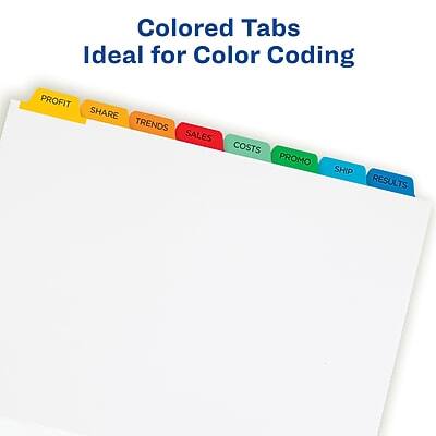 Colored Tabs  
Ideal for Color Coding  

PROFIT  
SHARE  
TRENDS  
SALES  
COSTS  
PROMO  
SHIP  
RESULTS
