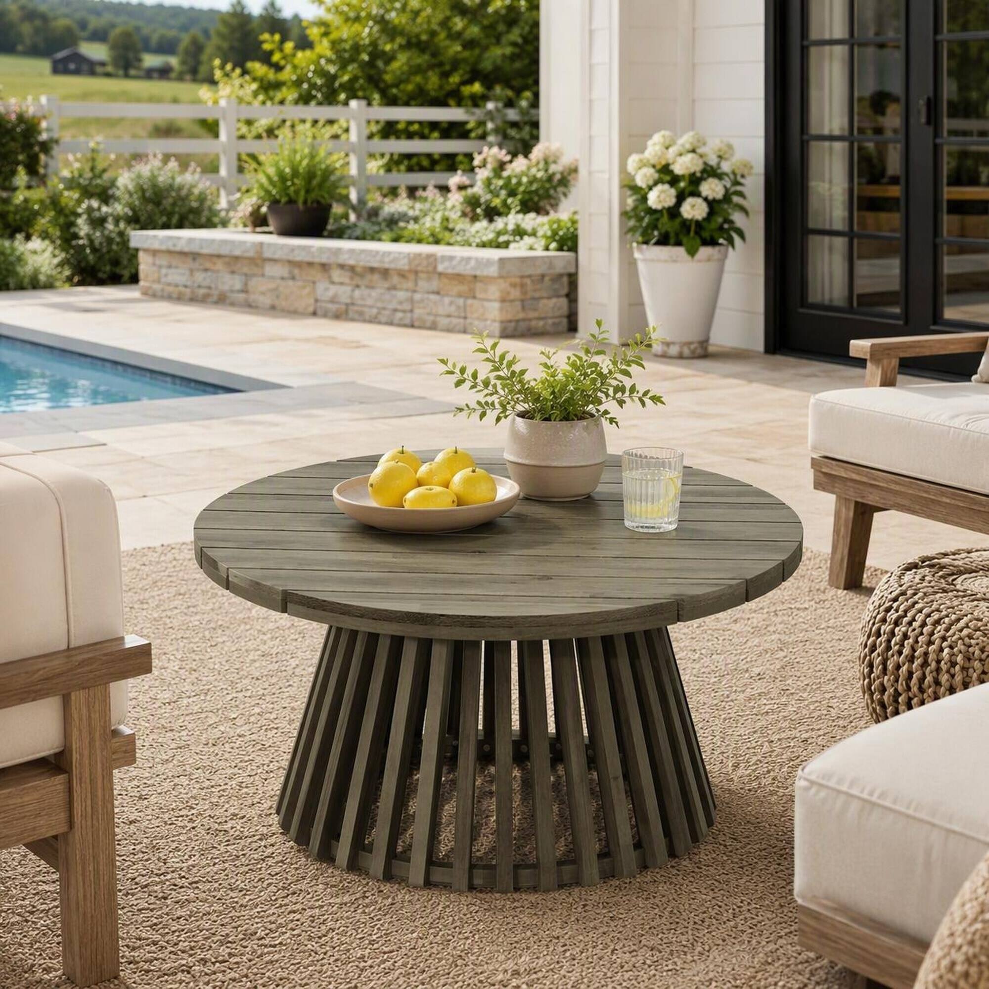 Angle. RYHNUYNE - 31.5" Outdoor Grey Patio Coffee Table, Round Backyard Patio Table with Weather-Resistant Solid Wood Frame - Grey.