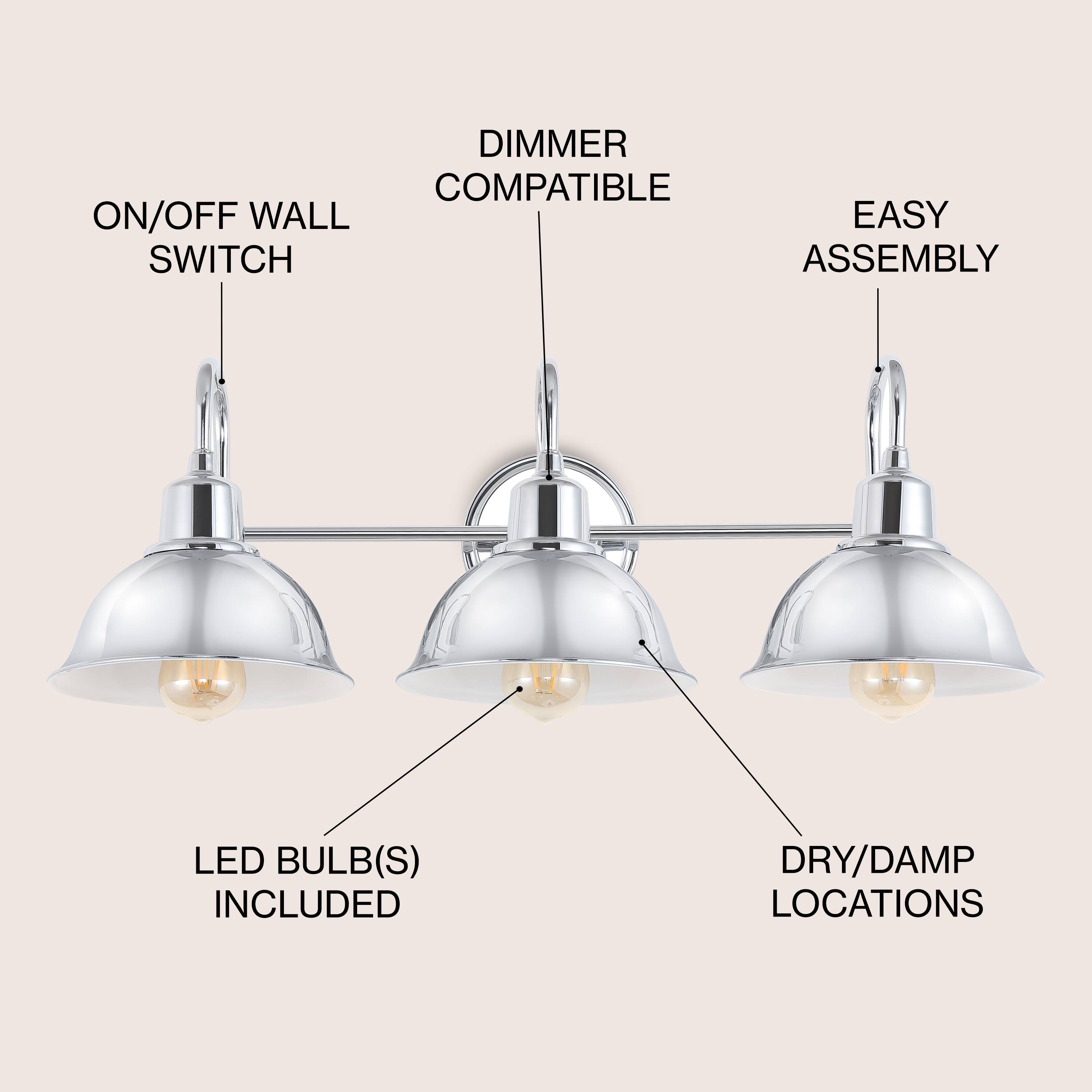 DIMMER COMPATIBLE ON/OFF WALL SWITCH EASY ASSEMBLY LED BULB(S) INCLUDED DRY/DAMP LOCATIONS