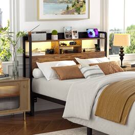 Aheaplus - Full Headboard Only, Full Size Headboard with Charging Station, RGB LED Light, and Bookcase Storage - Brown