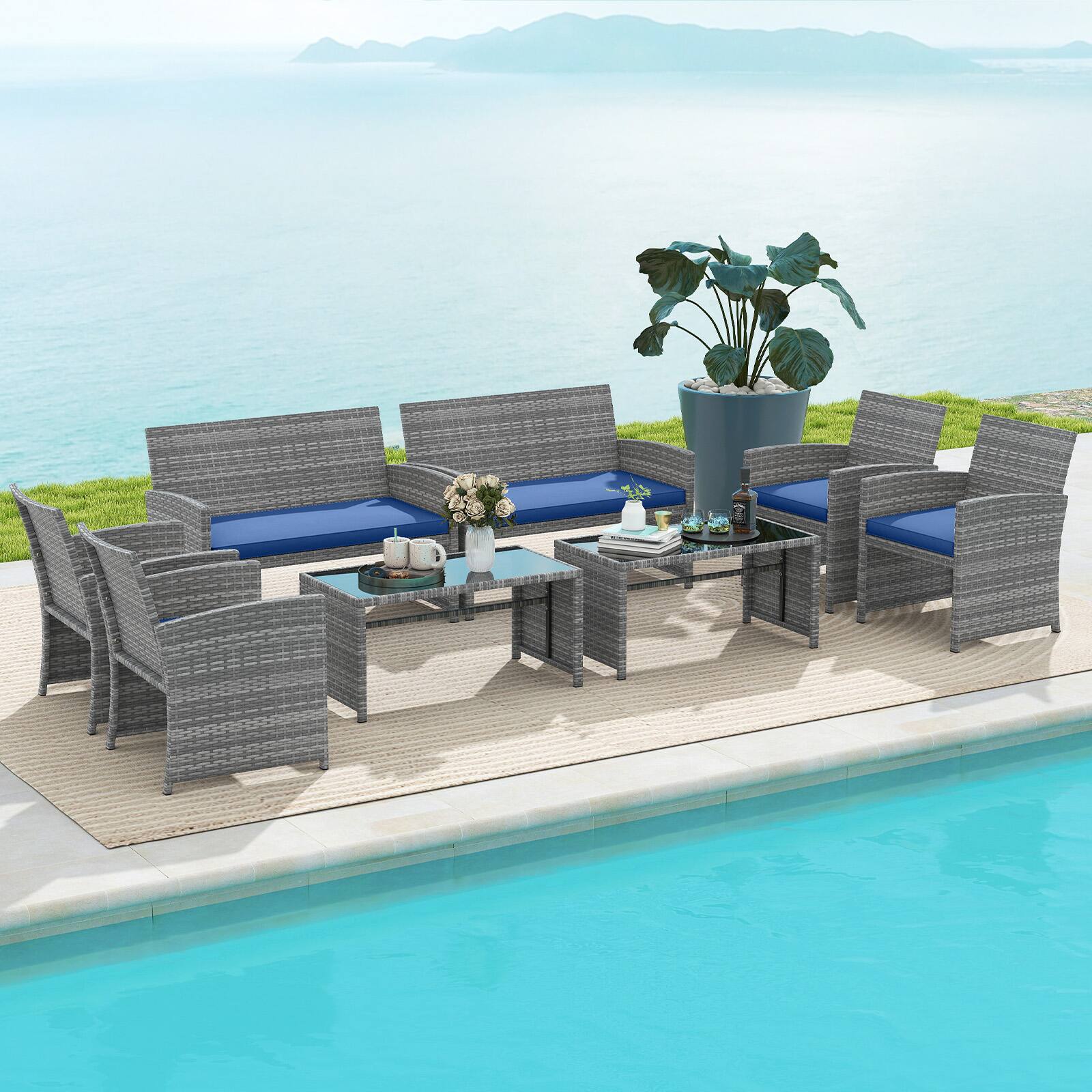 Alt View 3. Gymax - Gymax 8 Piece Patio Furniture Set Outdoor Wicker Conversation Set w/ Tempered Glass Coffee Table Navy - Blue.