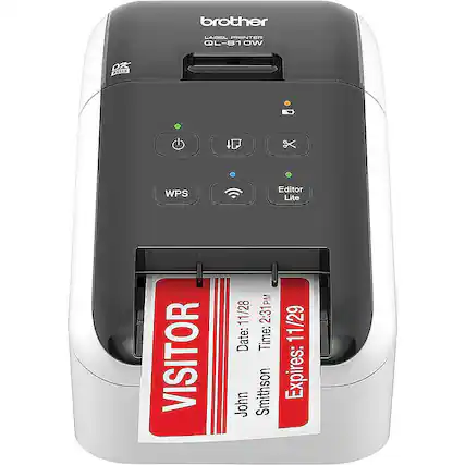 Brother LABEL PRINTER QL-810W 03 FSy WPS Editor Lite VISITOR PM 11/28 2:31 Date: 11/29 Time: 2:31 John Smithson 11/29 Expires: