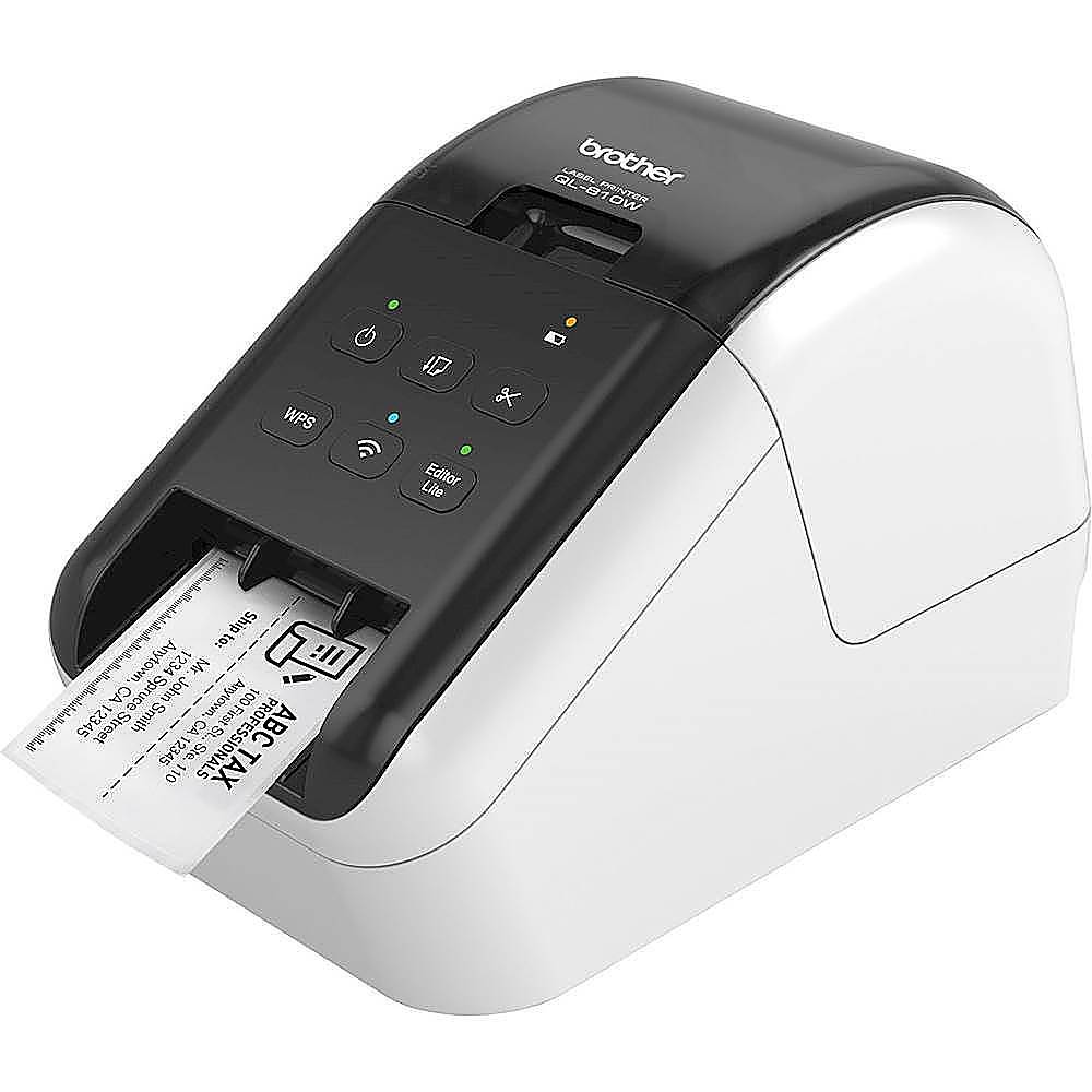 Left View: Brother QL-810W 2.4" Ultra-fast Direct Thermal Label Printer, USB, Wireless (b/g/n), WirelessDirect, Auto Cutter - White/Black