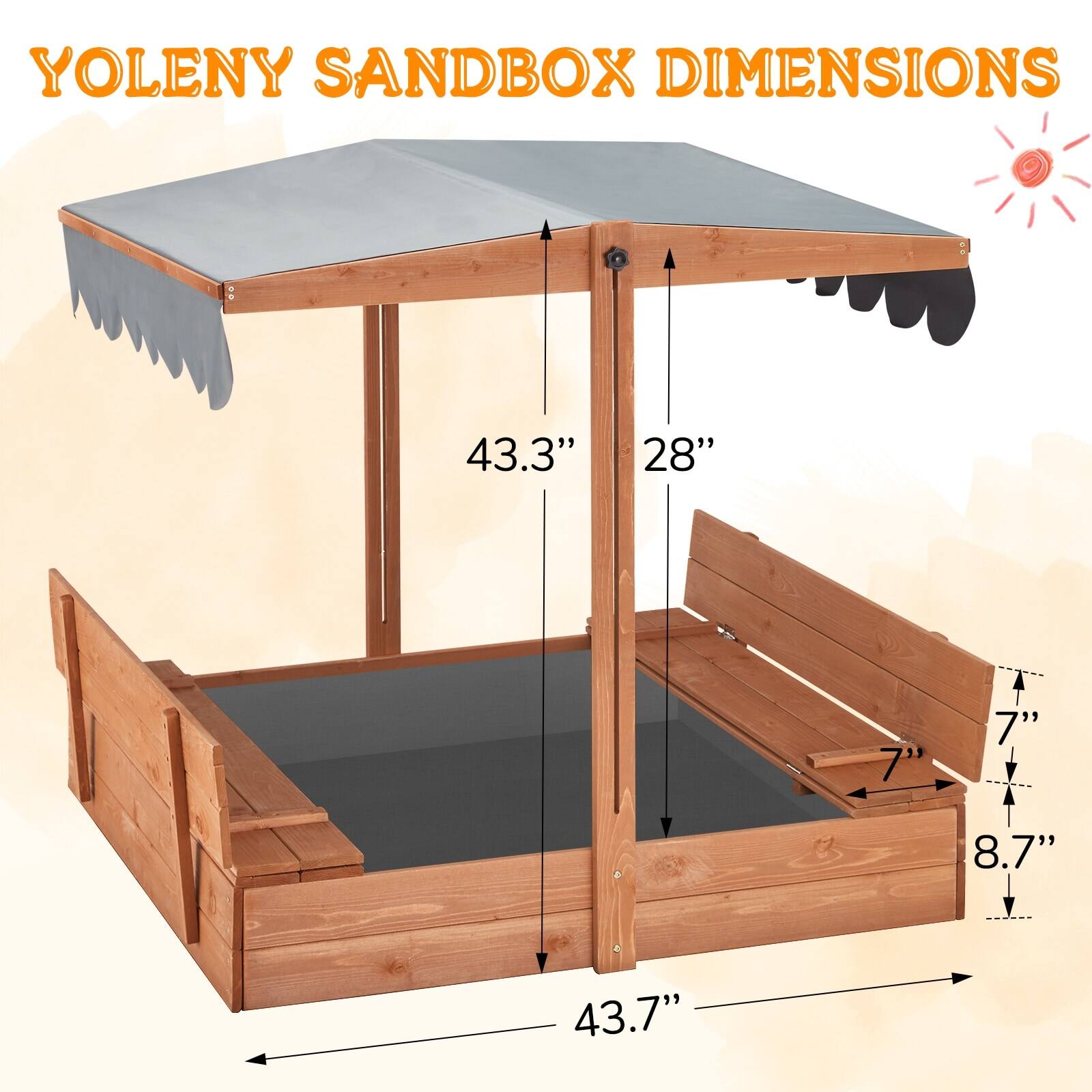 YOLENY SANDBOX DIMENSIONS  
43.3" x 28" x 7" x 7" x 8.7" x 43.7"