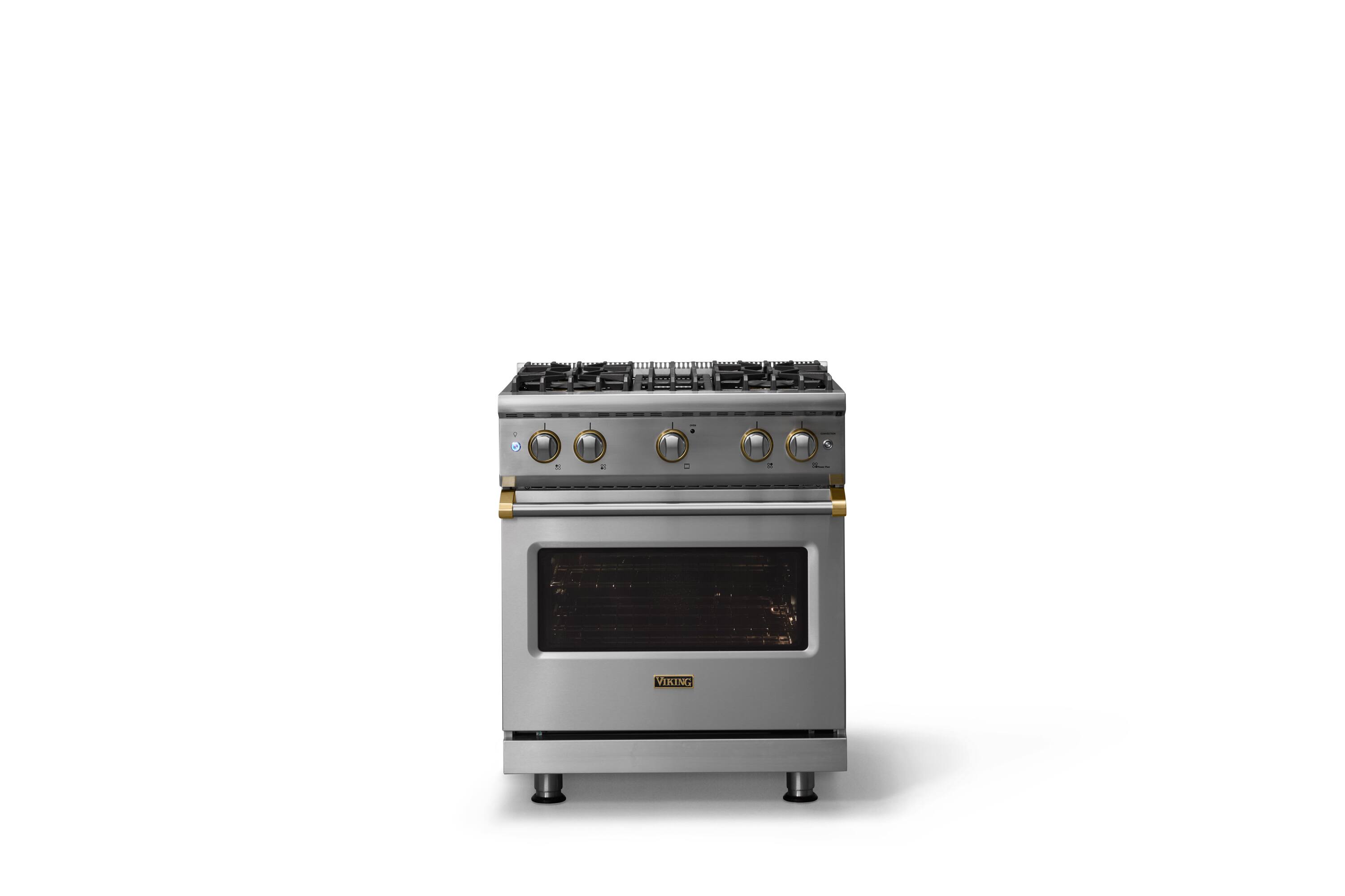 Alt View 1. Viking - 30"W. 4.0 Cu. Ft. Freestanding Manual Clean Sealed 4 Burner Gas Convection Range - Stainless Steel/Brushed Brass - Stainless Steel.