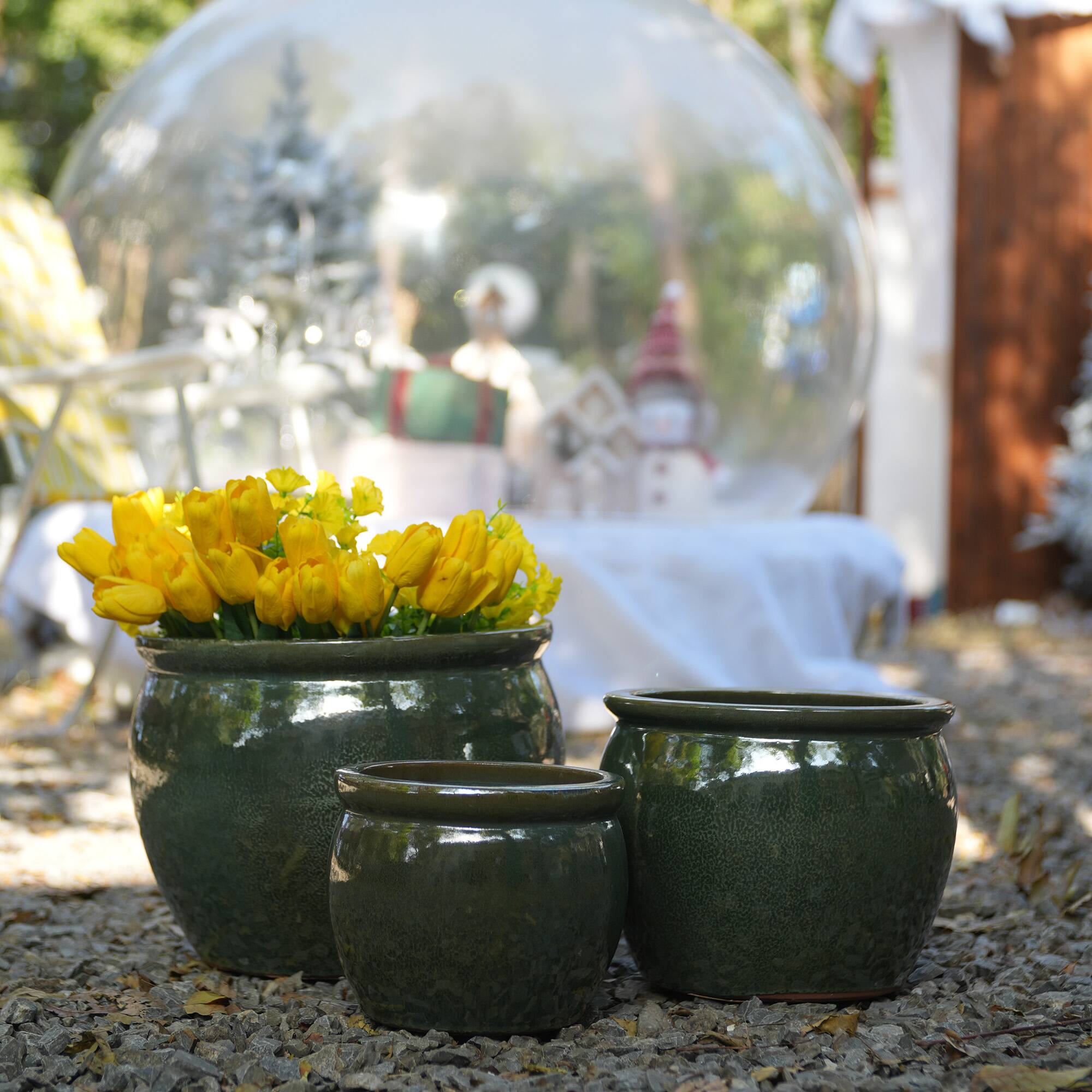 Angle. Loheer - Loheer Ceramic Planter Set, Handmade Dark Green Glazed Clay Pots with Drainage, Set of 3 for Indoor Outdoor Plants.