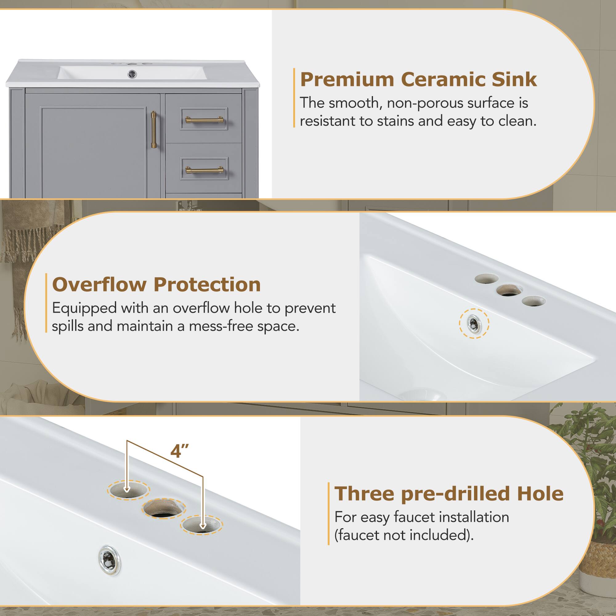 Premium Ceramic Sink  
The smooth, non-porous surface is resistant to stains and easy to clean.

Overflow Protection  
Equipped with an overflow hole to prevent spills and maintain a mess-free space.

Three pre-drilled Hole  
For easy faucet installation (faucet not included).