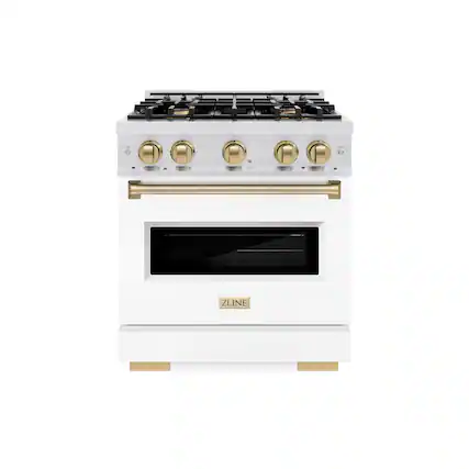 Front. ZLINE - ZLINE Autograph 30 in. Classic Satin Steel Gas Range with Bronze Accents (CGRSZ-WM-30-CB) - White Matte.