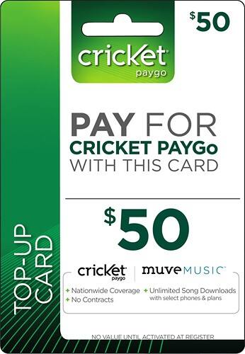 Front Standard. Cricket - $50 Top-Up Card.