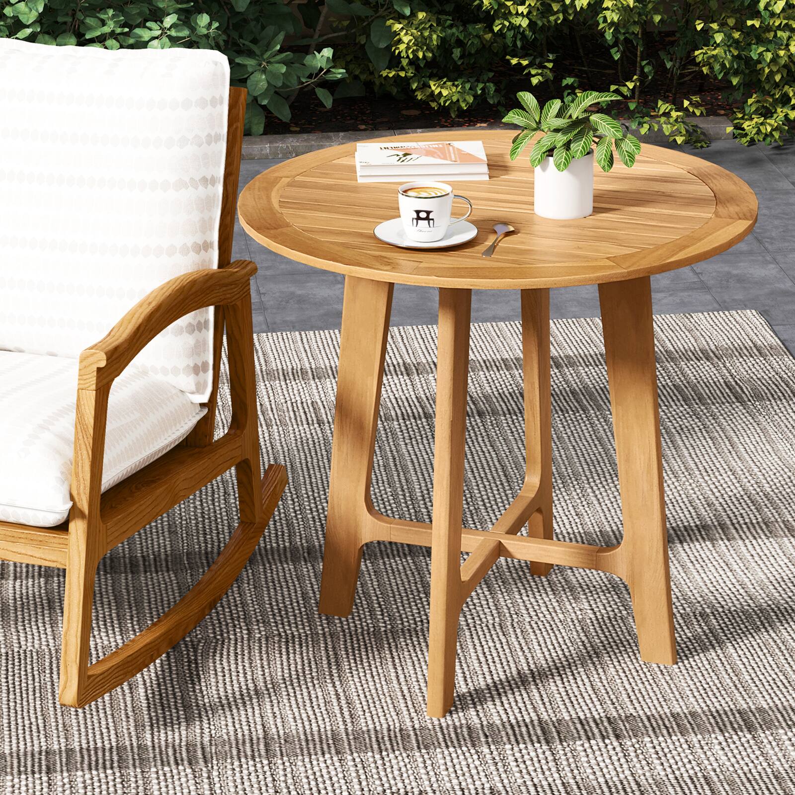 Alt View 8. Gymax - Gymax 31.5'' Patio Dining Table Round Teak Wood Dining Table w/ Slatted Tabletop Garden - Natural.