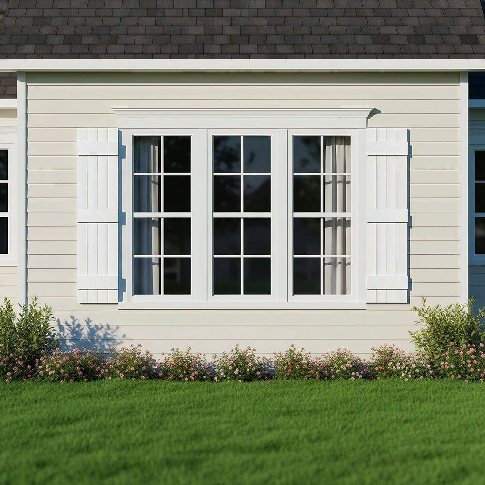Left. Kadyn - Classic Board & Batten Faux Shutters with 3 Horizontal Bars for Timeless and Durable Exterior Elegance, 14"x63", White - White.