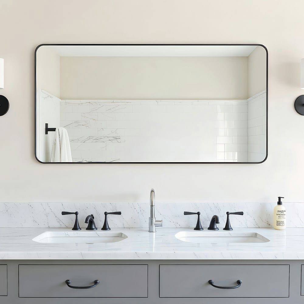 Alt View 5. Kadyn - 60x28 Inch Extra Large Rectangle Wall Mirror with Rounded Corners and Black Metal Frame - Black.