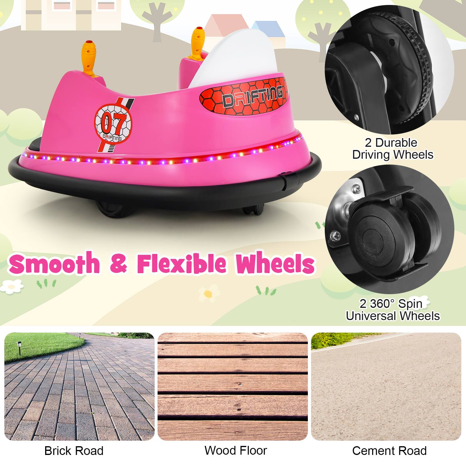 07 DRIFTING

Smooth & Flexible Wheels

2 Durable Driving Wheels

2 360° Spin Universal Wheels

Brick Road

Wood Floor

Cement Road