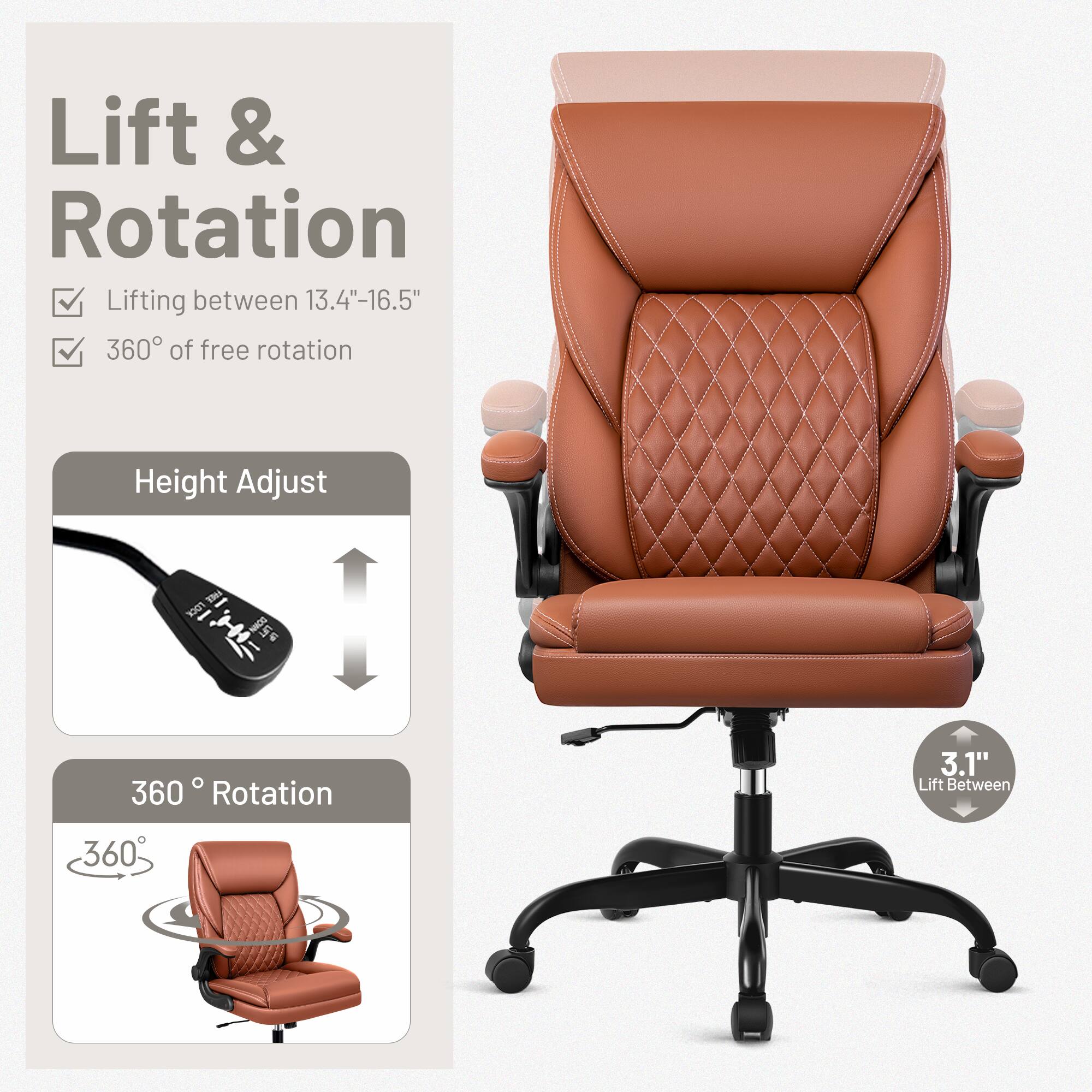 Lift & Rotation  
Lifting between 13.4"-16.5"  
360° of free rotation  

Height Adjust  
FREE LOCK  

360° Rotation  
3.1" Lift Between