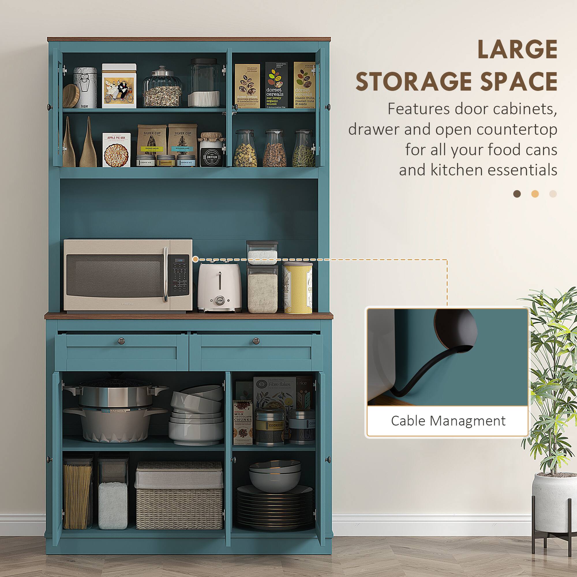 LARGE STORAGE SPACE
Features door cabinets, drawer and open countertop for all your food cans and kitchen essentials.
Cable Management