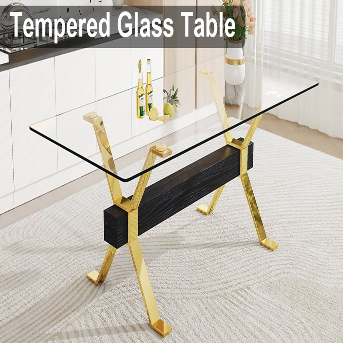 Loheer 8 Seat Dining Table Set, Tempered Glass Rectangular Dining Table ...