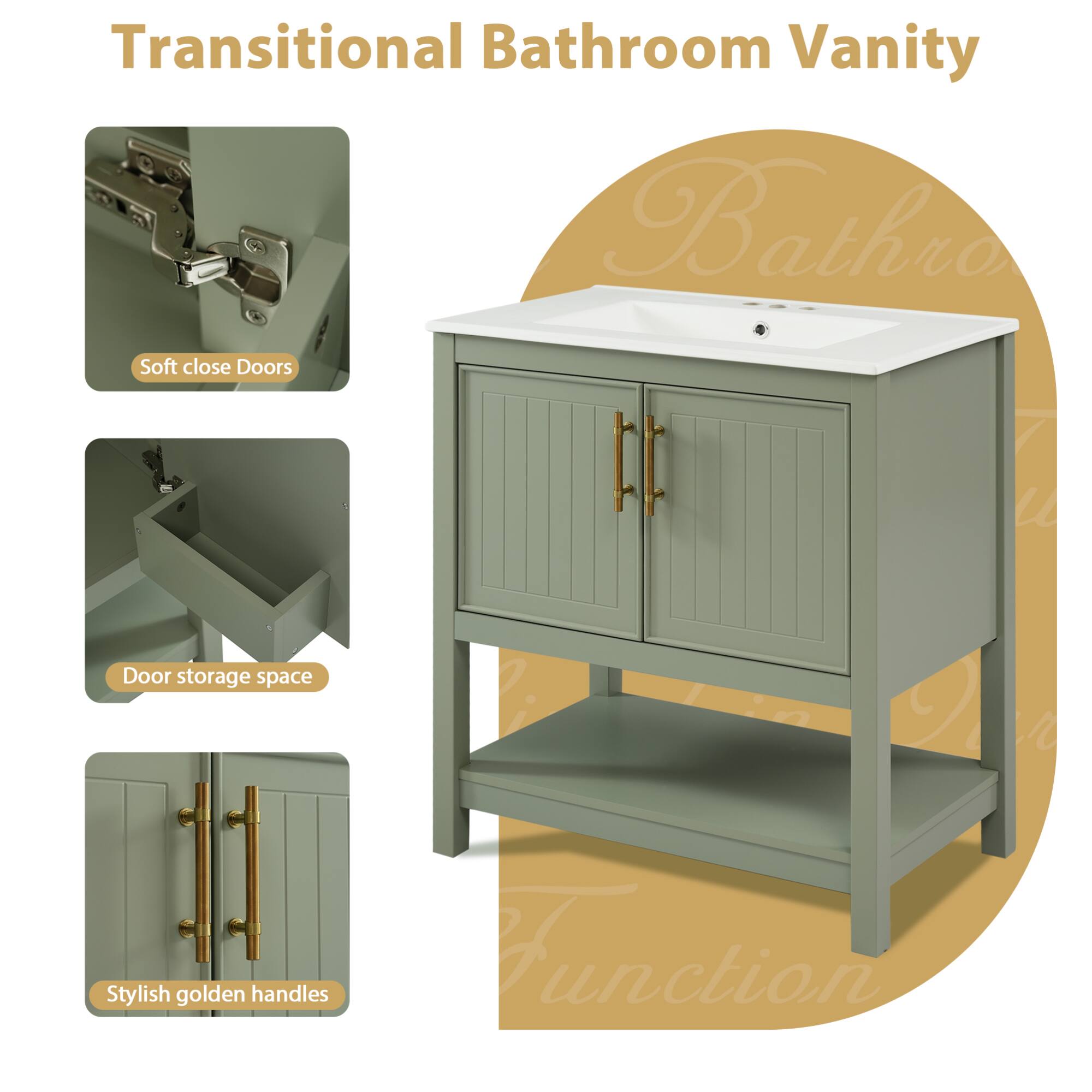 Transitional Bathroom Vanity

- Soft close Doors
- Door storage space
- Stylish golden handles