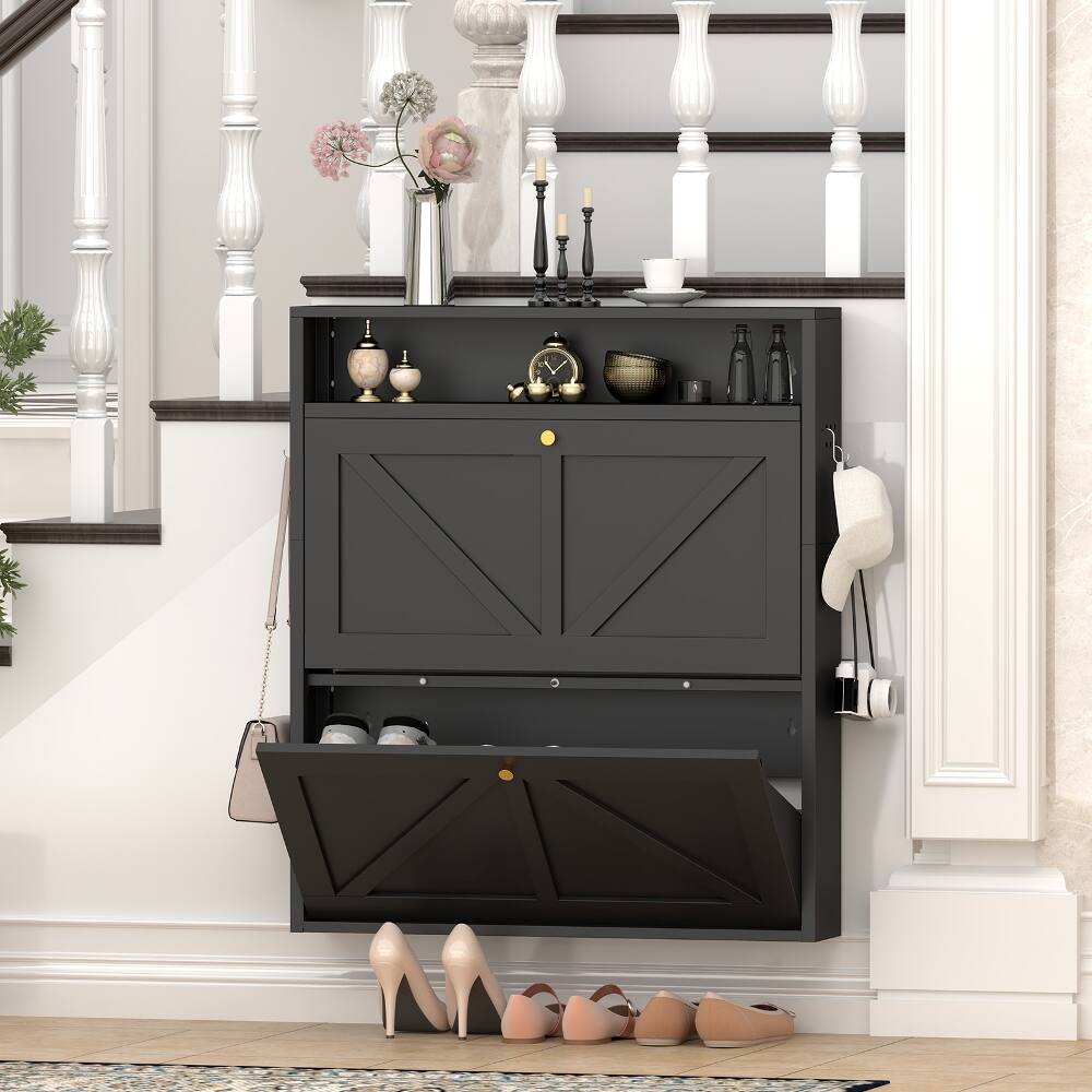 Angle. Loheer - Loheer Black Metal Shoe Cabinet Wall Mounted Shoe Organizer Narrow Slim Hidden Shoe Rack - Black.