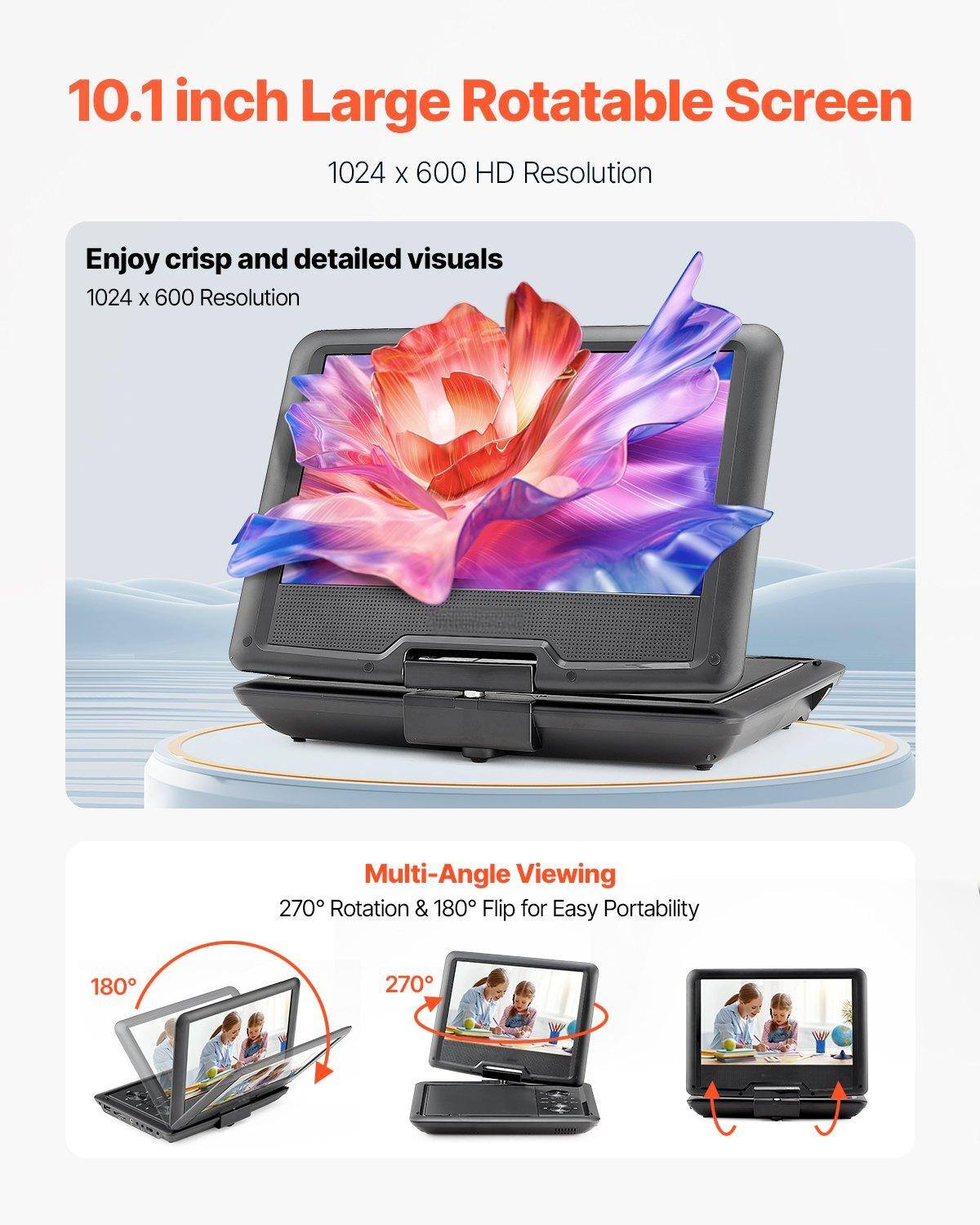 10.1 inch Large Rotatable Screen  
1024 x 600 HD Resolution  

Enjoy crisp and detailed visuals  
1024 x 600 Resolution  

Multi-Angle Viewing  
270° Rotation & 180° Flip for Easy Portability