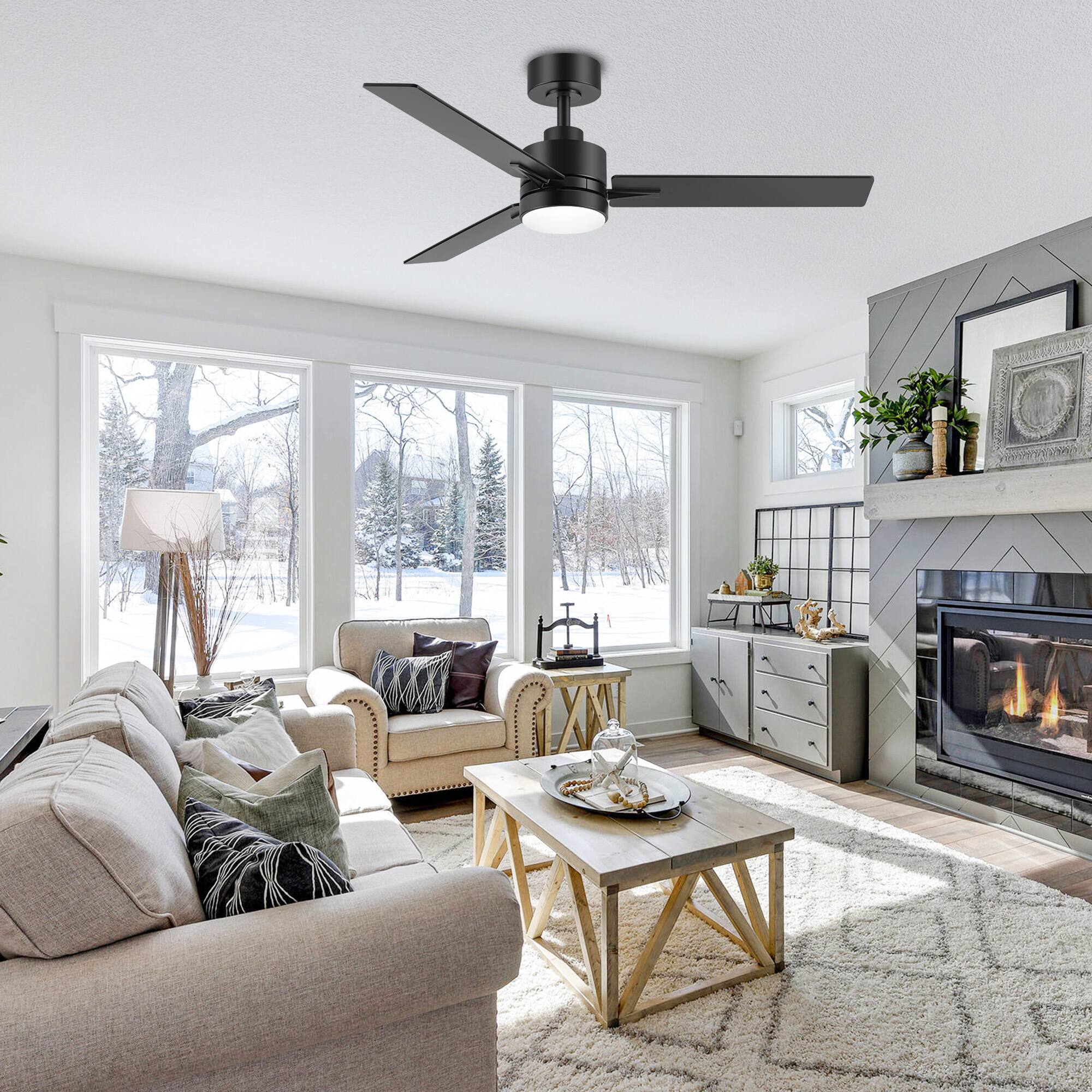 Left. Breezary - 48-Inch Indoor Ceiling Fan with Remote, 3 Plywood Blades, 6-Speed DC Motor, 5'' Downrod, LED/No Light, Single or 2-Pack - Black (With Light).