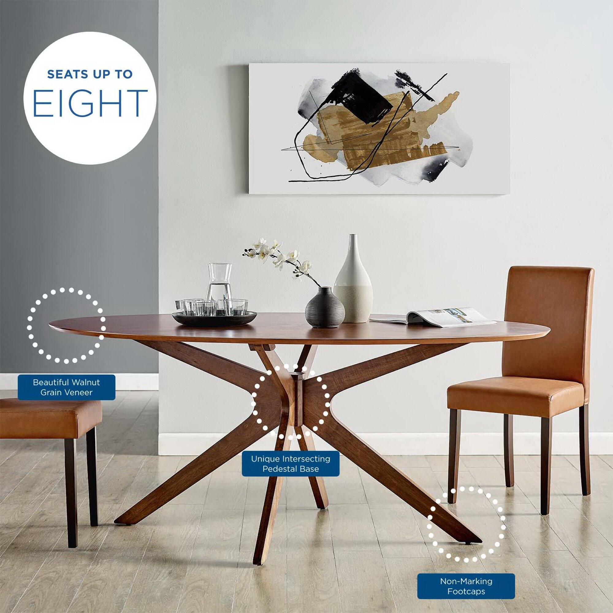 SEATS UP TO EIGHT  
Beautiful Walnut Grain Veneer  
Unique Intersecting Pedestal Base  
Non-Marking Footcaps