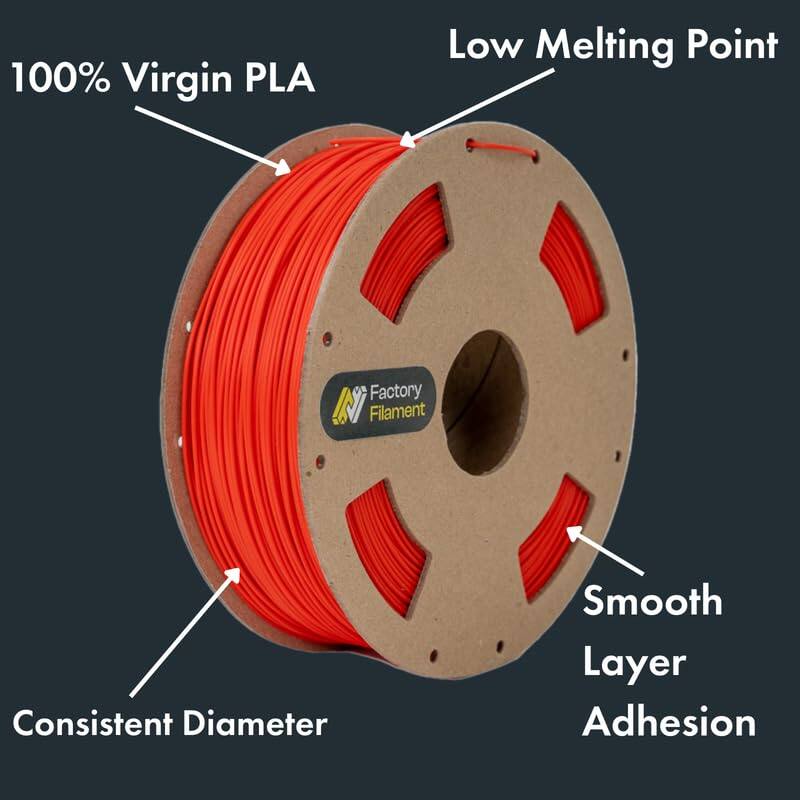 100% Virgin PLA  
Low Melting Point  
Consistent Diameter  
Smooth Layer Adhesion