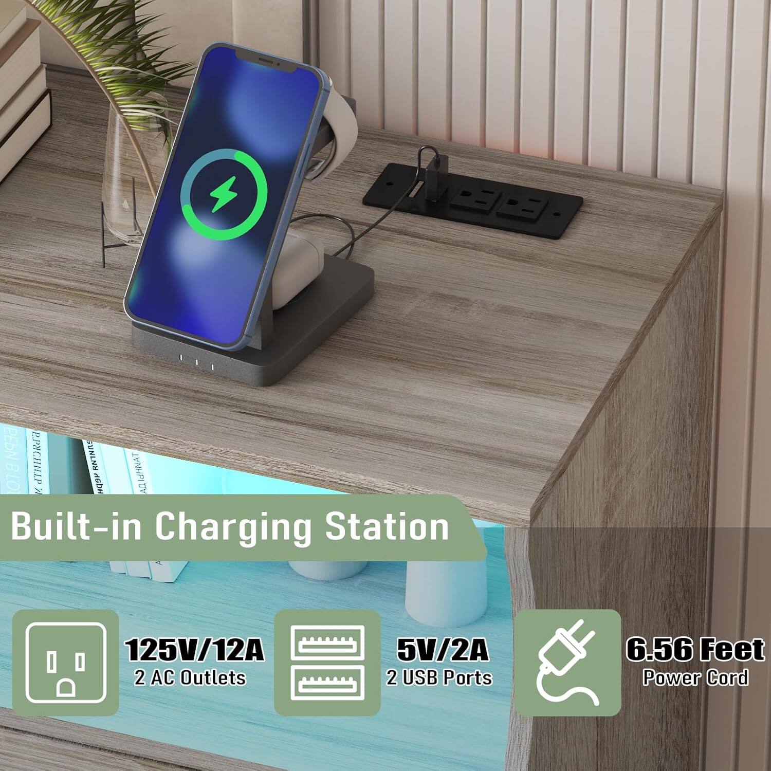 Built-in Charging Station

- 125V/12A
- 2 AC Outlets
- 5V/2A
- 2 USB Ports
- 6.56 Feet Power Cord