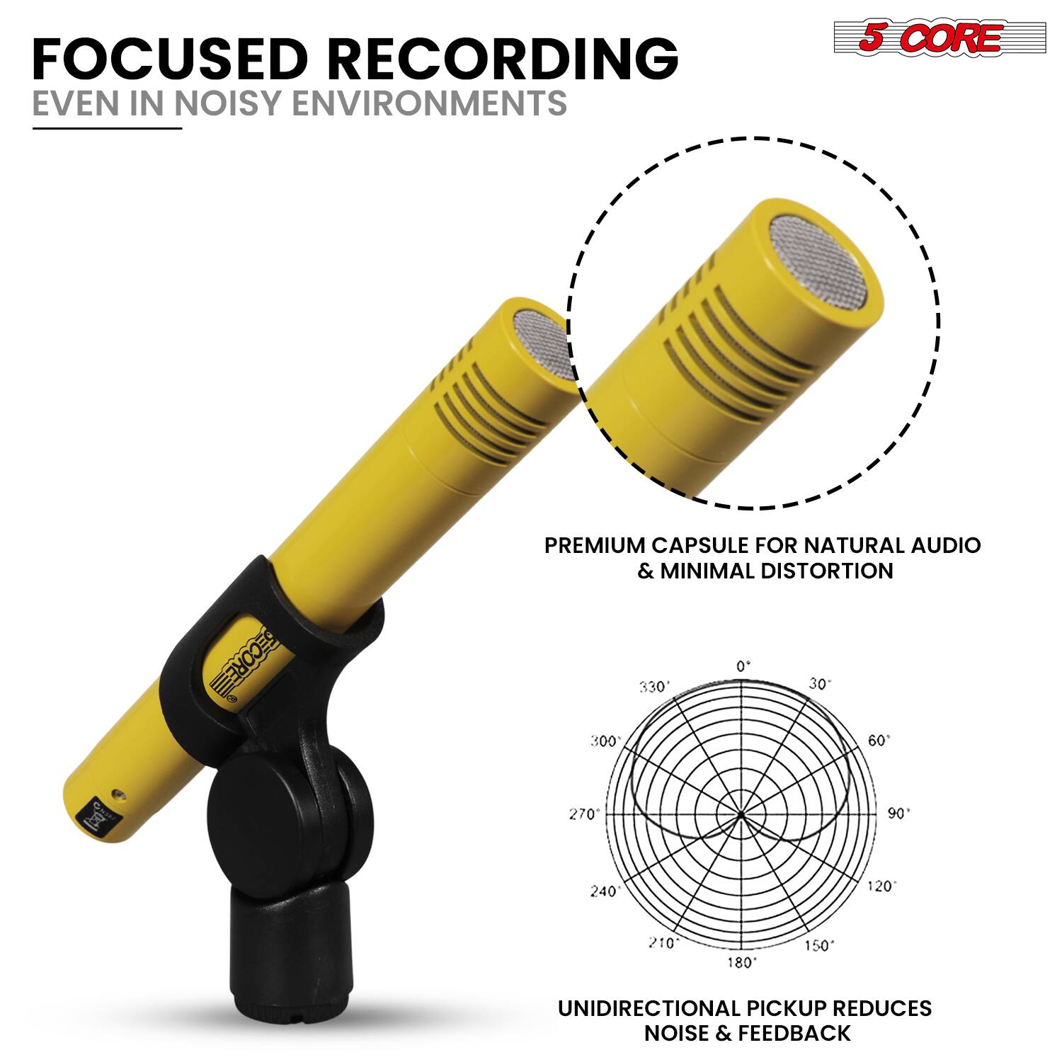 FOCUSED RECORDING  
EVEN IN NOISY ENVIRONMENTS  

5 CORE PREMIUM CAPSULE FOR NATURAL AUDIO & MINIMAL DISTORTION  

UNIDIRECTIONAL PICKUP REDUCES NOISE & FEEDBACK
