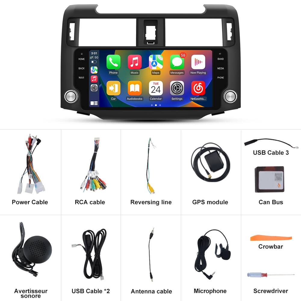 HOME BACK NAVI X01 1 SG Phone Music A Maps 58 Messages Now Playing BAND MECHA PHONE Car TUE 24 Audiobooks Calendar Settings Netflix. USB Cable 3 Power Cable RCA cable Reversing line GPS module Can Bus Crowbar Avertisseur sonore USB Cable *2 Antenna cable Microphone Screwdriver