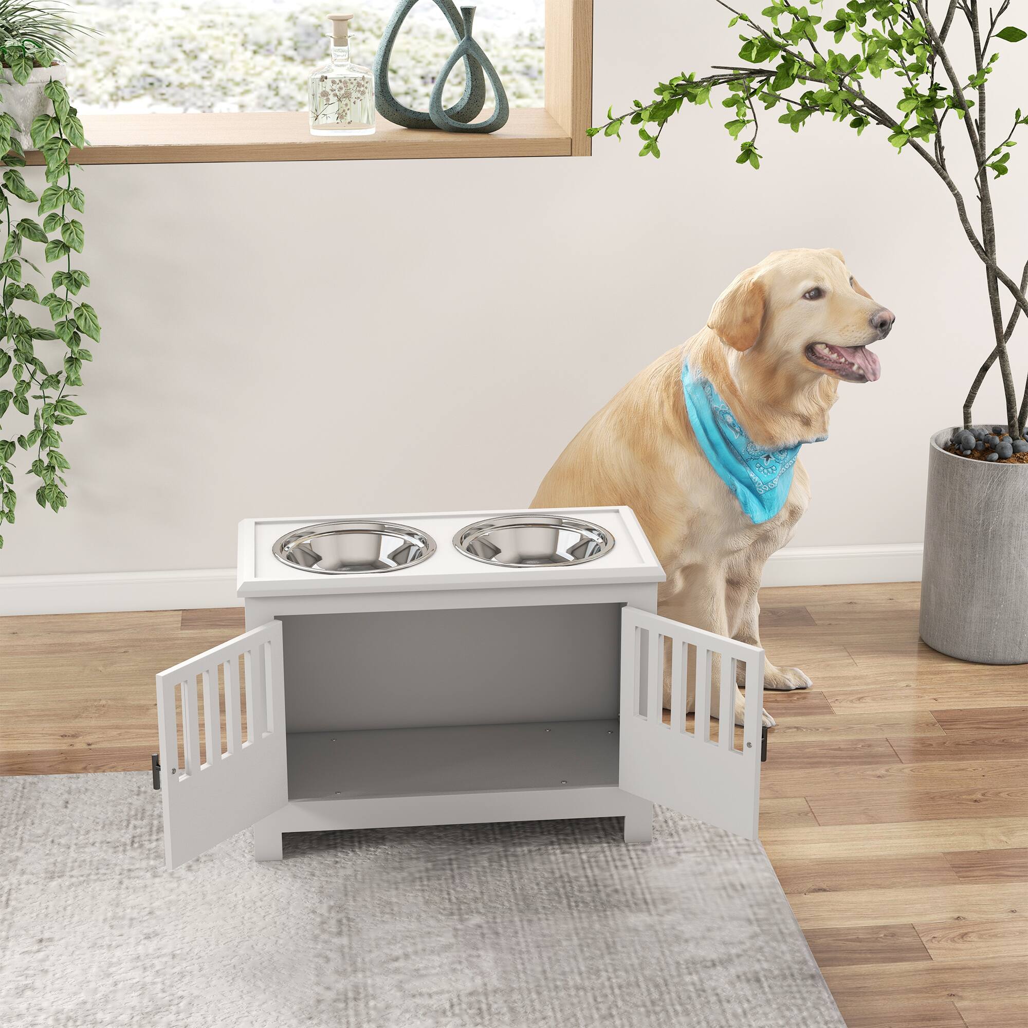 Angle. APRILSOUL - Large Elevated Dog Bowls with Storage Cabinet Containing Large 37L Capacity Raised Dog Bowl Stand White - White.
