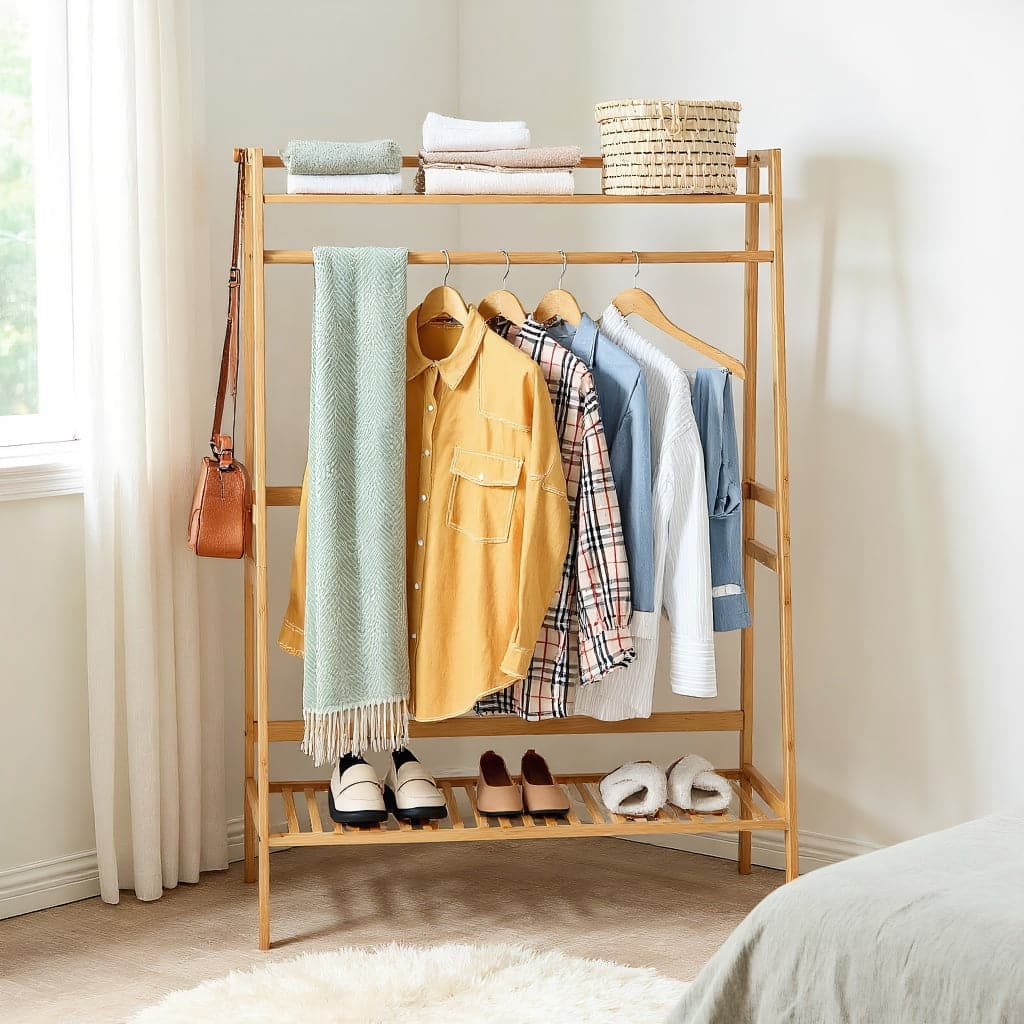 Kadyn - Bamboo Clothing Rack with Storage Shelves-Natural, Entryway Hat, Coat, and Shoe Organizer, Coat Rackfor Foyer Area - Brown