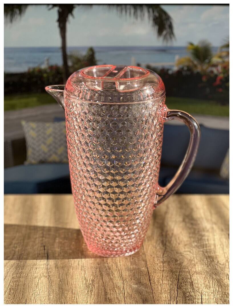 Angle. APRILSOUL - Quarts Water Pitcher with Lid Diamond Cut Unbreakable Plastic BPA Free Juice Pitcher - Pink.