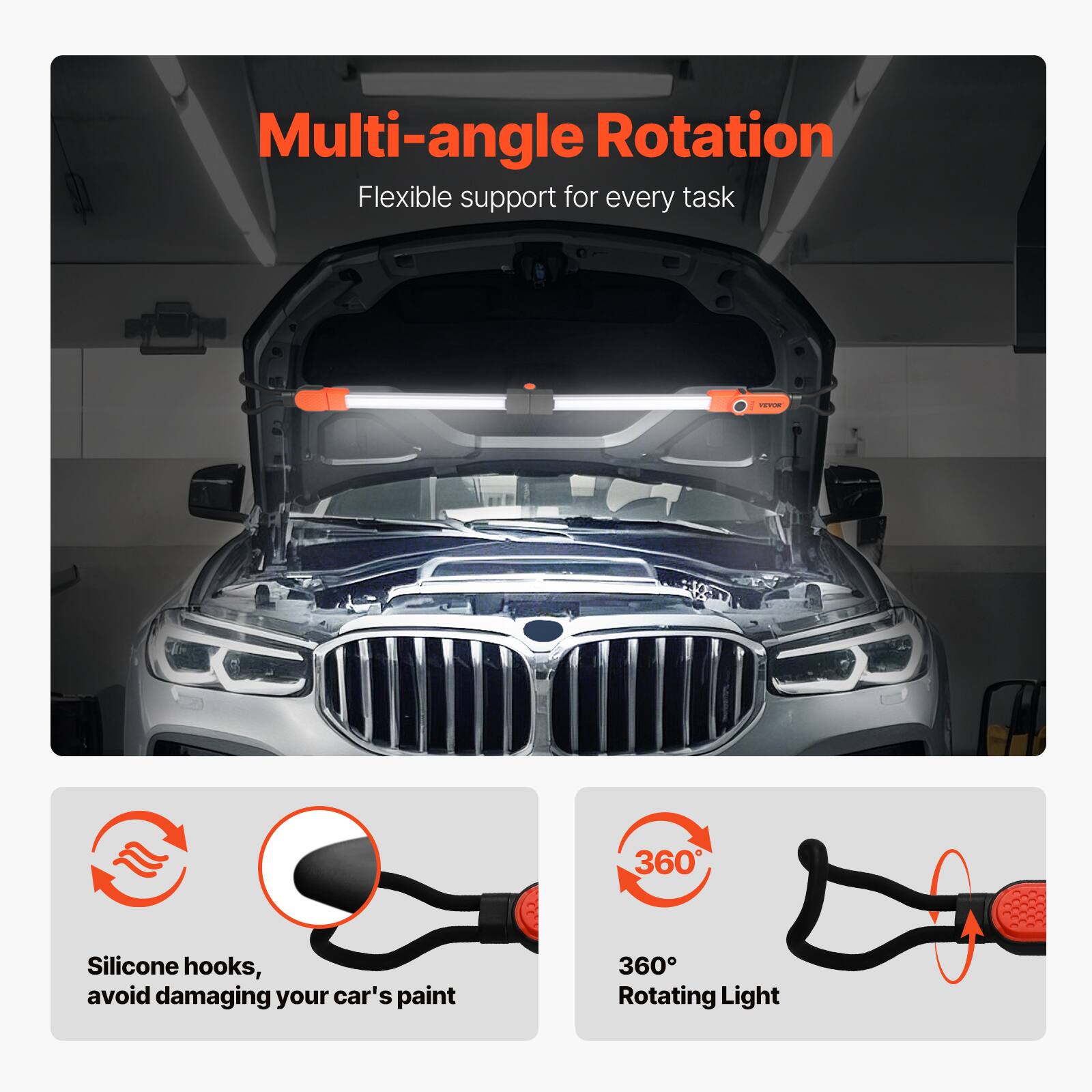 Multi-angle Rotation  
Flexible support for every task  

Silicone hooks, avoid damaging your car's paint  

360° Rotating Light