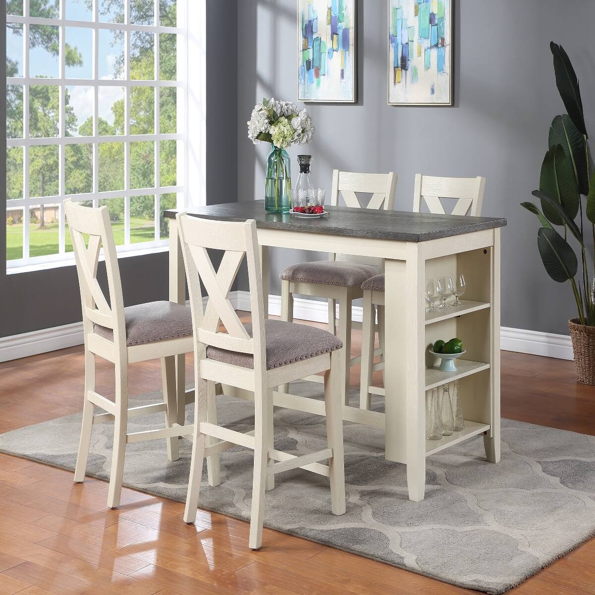 Alt View 2. Loheer - Loheer Counter Height Dining Table with Side Storage Shelves, Off-White Solid Wood, 60 Inches - Off-White.