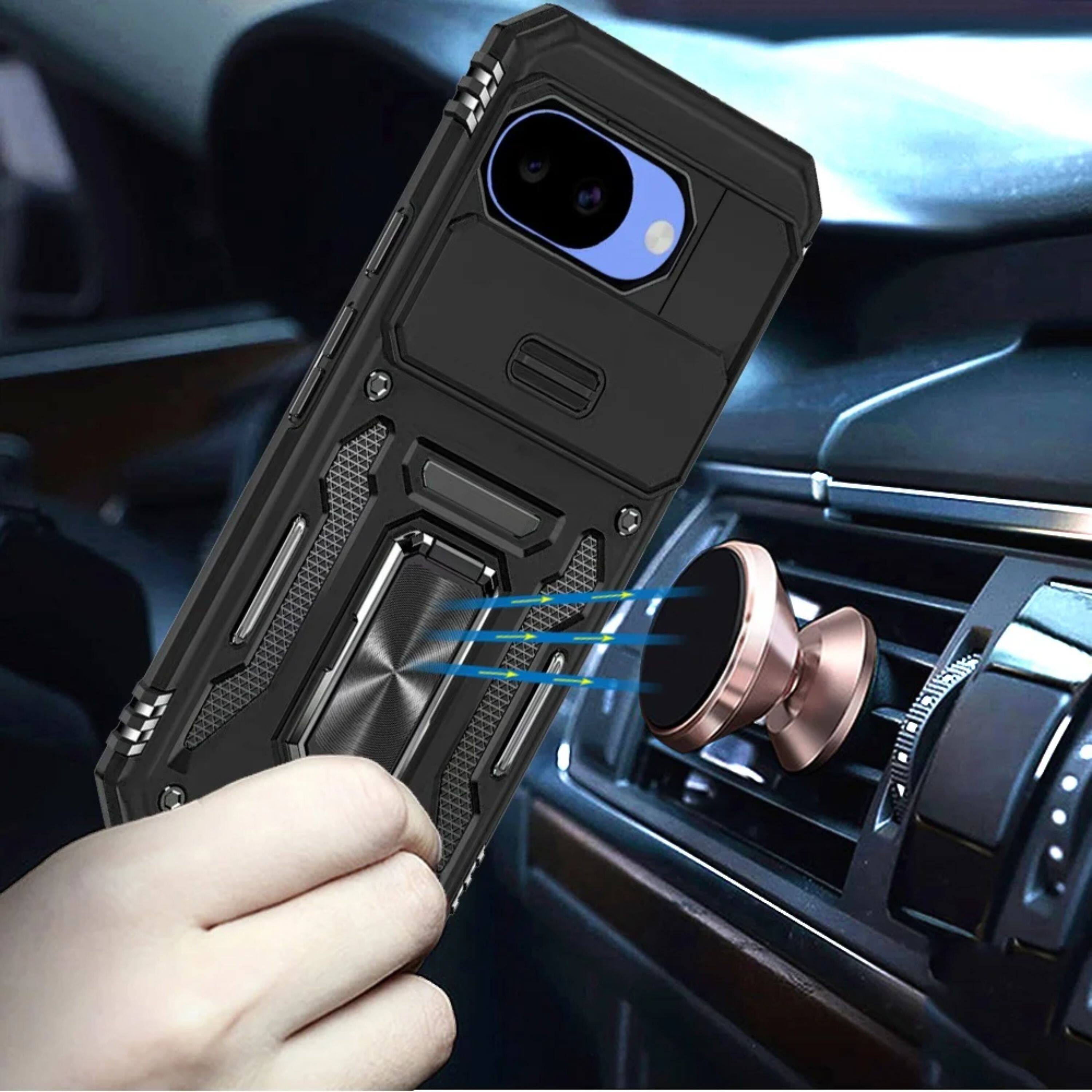 Angle. Kitcheniva - Shockproof Camera Lens Sliding Cover Magnetic Ring Stand Phone Case With Tempered Glass For Google Pixel 10a Black - Black.