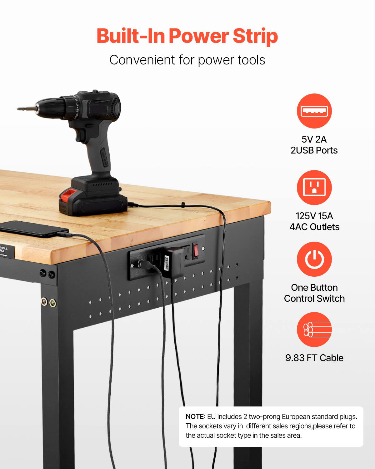 Built-In Power Strip  
Convenient for power tools  

- 5V 2A  
- 2USB Ports  
- 125V 15A  
- 4AC Outlets  
- One Button Control Switch  
- 9.83 FT Cable  

NOTE: EU includes 2 two-prong European standard plugs. The sockets vary in different sales regions, please refer to the actual socket type in the sales area.