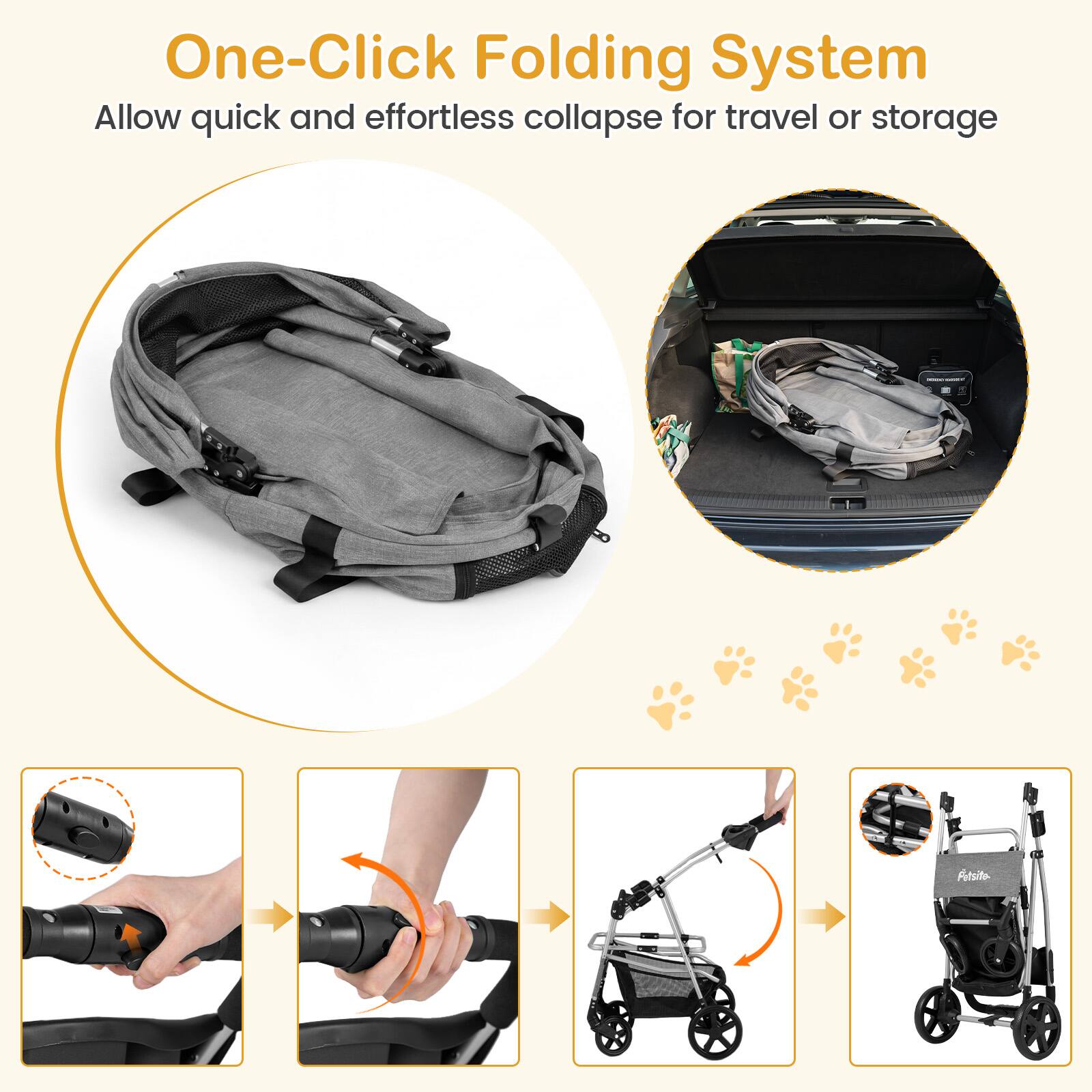 One-Click Folding System  
Allow quick and effortless collapse for travel or storage