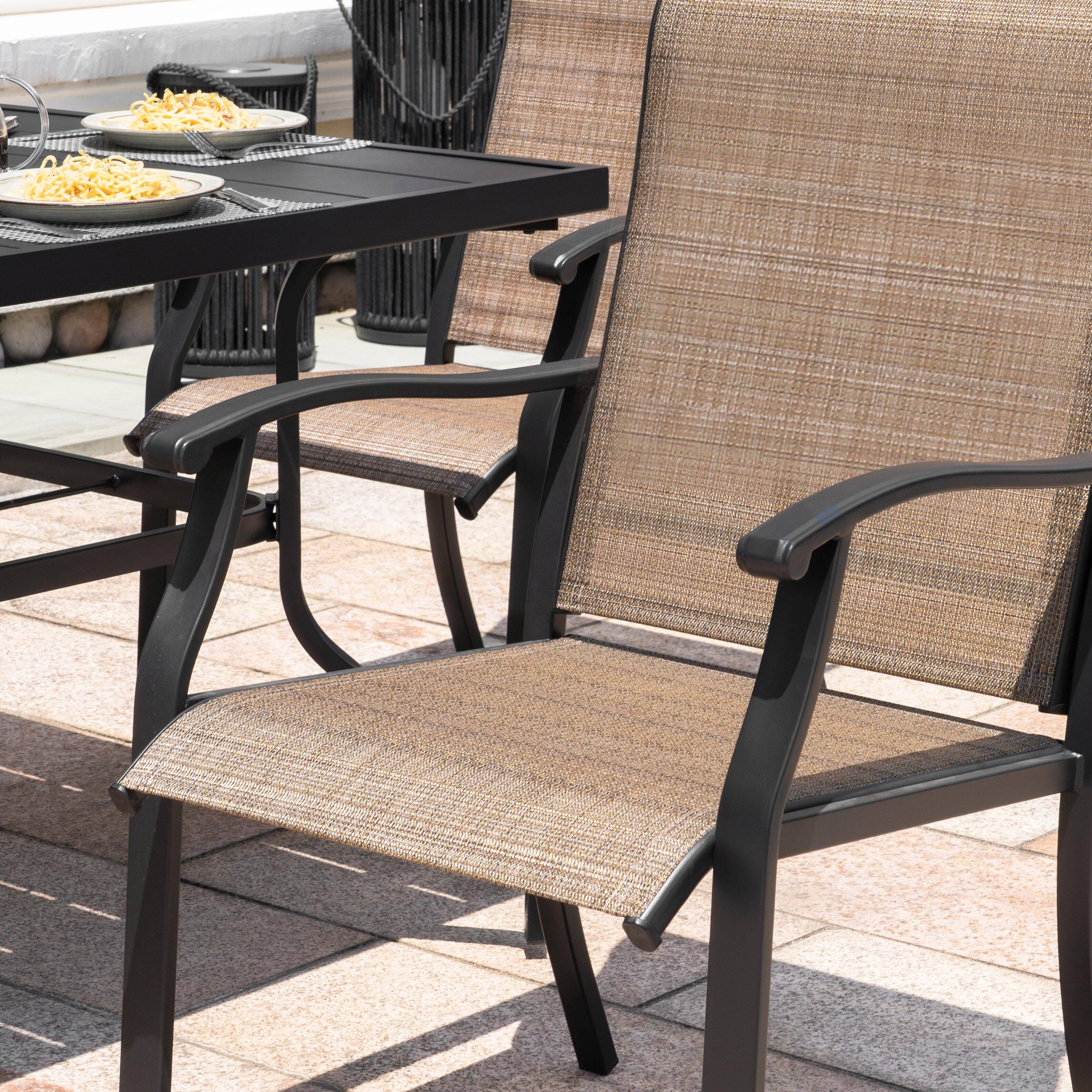 Angle. Nuu Garden - Outdoor 5-Piece Iron Dining Set, 4 Textilene Dining Chairs and 37 Inch Square Dining Table with Umbrella Hole - Black and Brown.