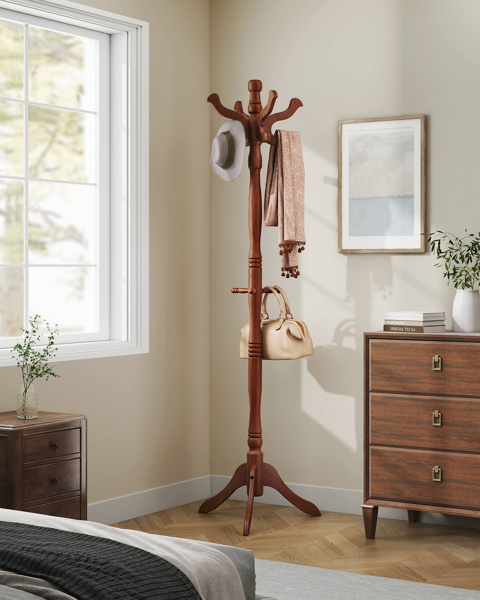 Alt View 2. Songmics Home - Coat Stand, Solid Wood Freestanding Coat Rack with 11 Hooks, Hall Tree for Bags, Purses, Hats, for Entryway, Hallway - Eucalyptus Wood.