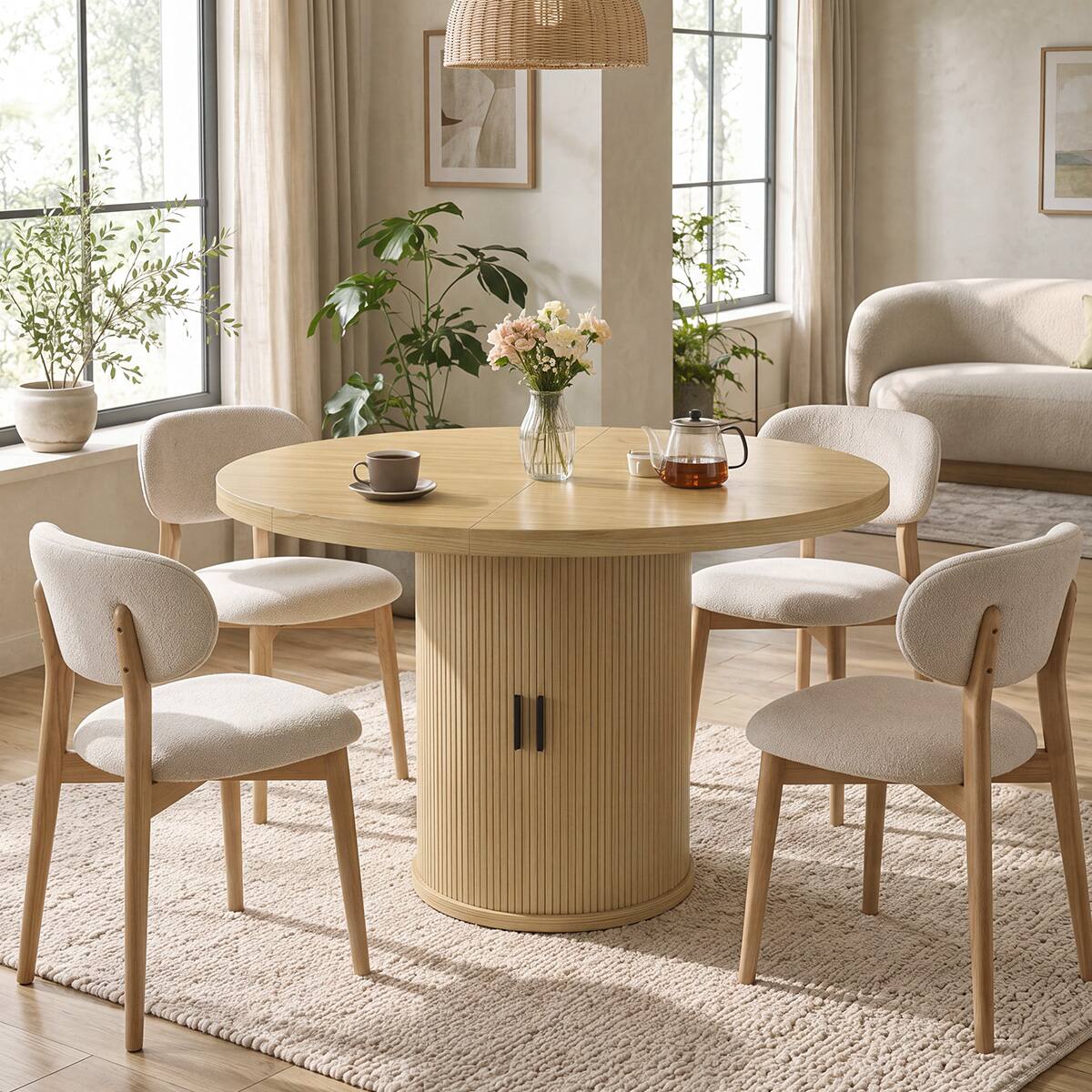 Angle. Dyonery - 35.5" Round Dining Table with Storage Shelf, Modern Fluted Kitchen Table for Small Space - Oak.