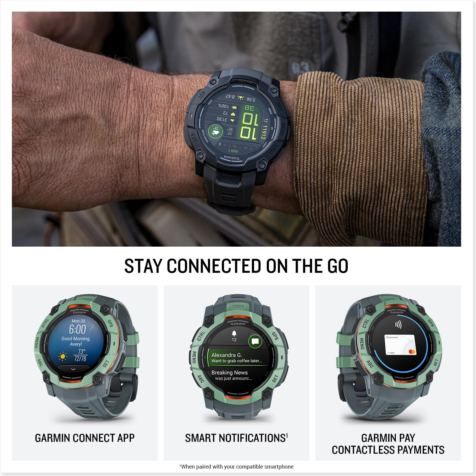Stay Connected on the Go with Garmin Connect App, Smart Notifications, and Contactless Payments.