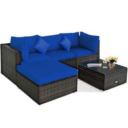 Costway - 5PCS Outdoor Patio Rattan Furniture Set Sectional Conversation W/ Cushions - Navy