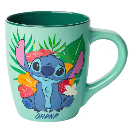 Front. Silver Buffalo - Disney Lilo & Stitch Tropical Ohana Sitting 25 Ounce Ceramic Mug - Blue.