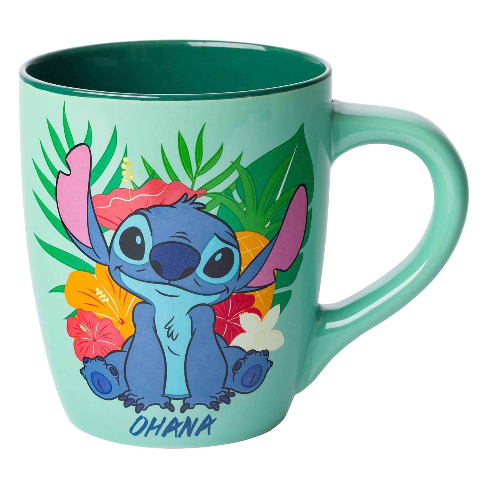 Front. Silver Buffalo - Disney Lilo & Stitch Tropical Ohana Sitting 25 Ounce Ceramic Mug - Blue.