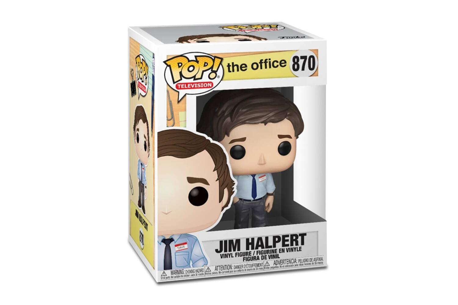 **Front:**
- POP! the office 870
- TELEVISION
- JIM HALPERT
- VINYL FIGURE / FIGURINE EN VINYLE / FIGURA DE VINIL

**Side:**
- WARNING: CHOKING HAZARD - Small parts. Not for children under 3 years. / ATTENTION: DANGER - Petite pièce. Ne convient pas aux enfants de moins de 3 ans. / ADVERTENCIA: PEQUEÑOS PIEZAS. NO ES APTO PARA MENORES DE 3 AÑOS.

**Bottom:**
- ADVERTENCIA: PELIGRO DE ASFIXIA
- ATTENTION: DANGER D'ETOUFFEMENT
- WARNING: CHOKING HAZARD
