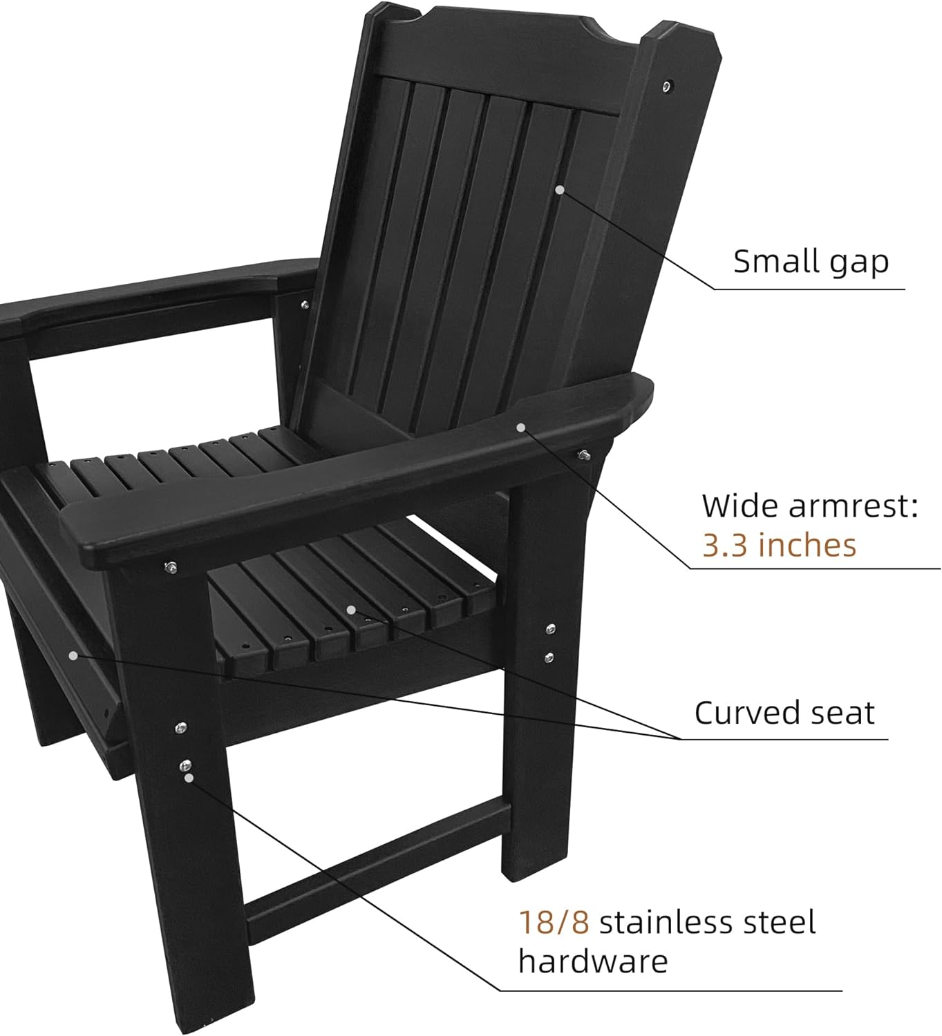 - Small gap
- Wide armrest: 3.3 inches
- Curved seat
- 18/8 stainless steel hardware