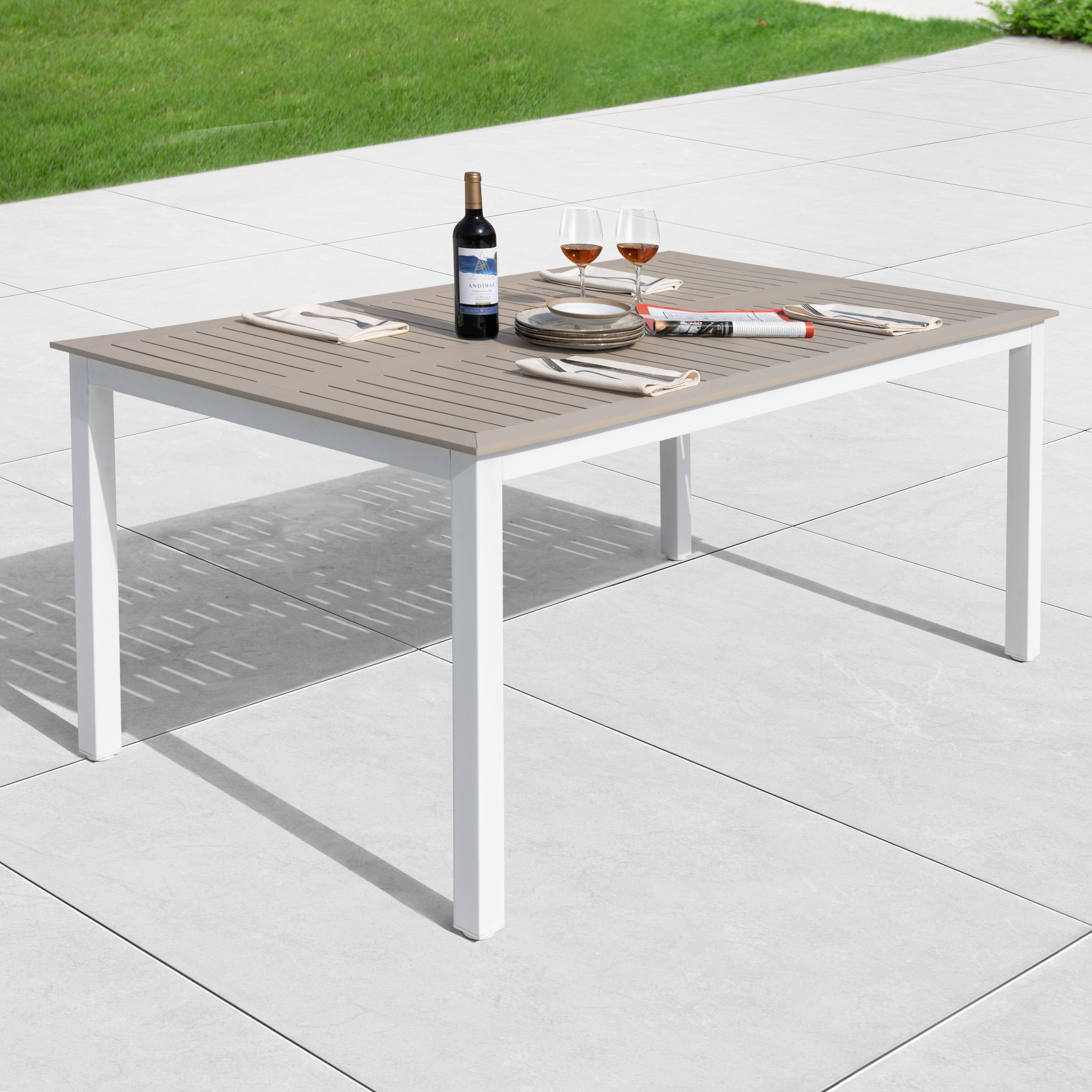 Left. Nuu Garden - Rectangle Faux Outdoor Dining Table with 1.7'' Umbrella Hole and Wood Texture Tabletop - Light Brown.