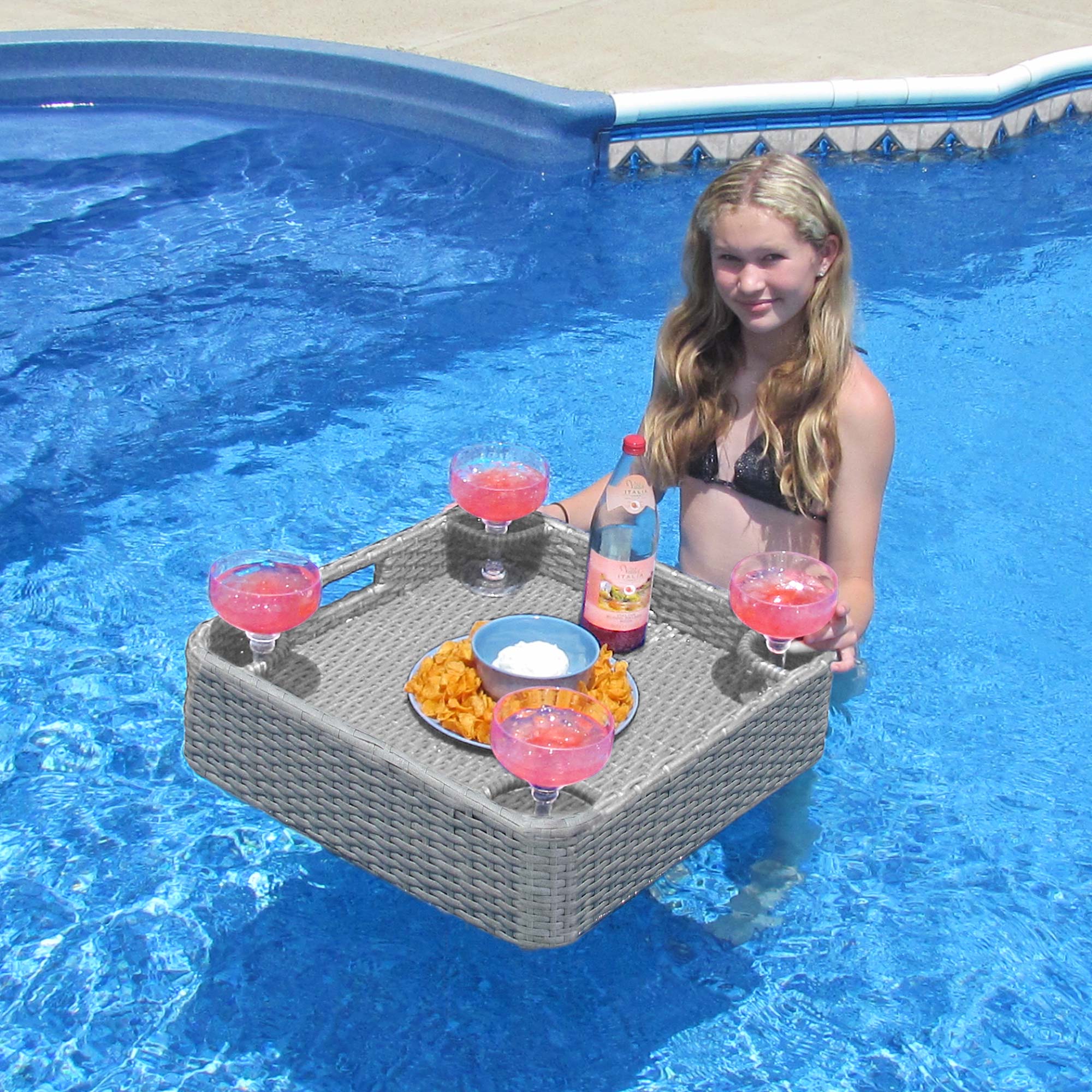 Front. SUNJOY - Sunjoy 24’’x24’’ Wicker floating pool tray (Grey).