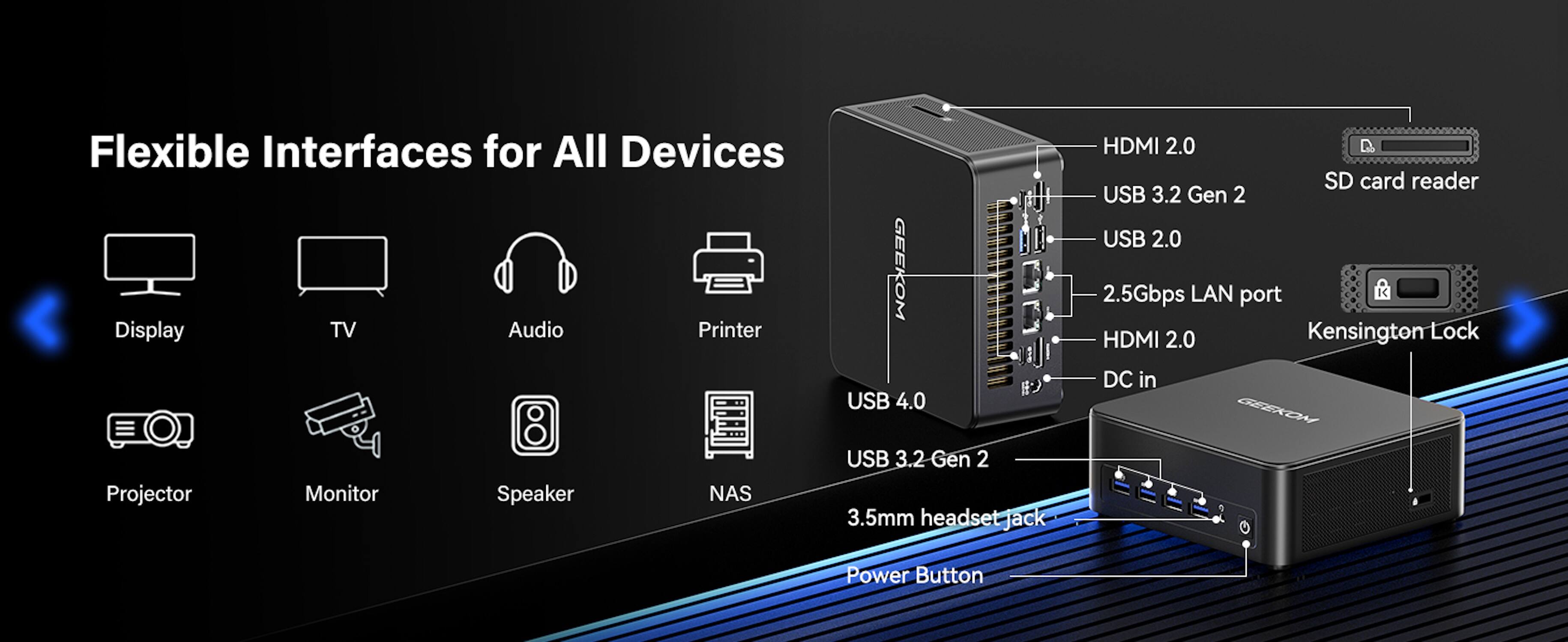Flexible Interfaces for All Devices  
Display TV Audio Printer  
GEEKOM USB 4.0 USB 3.2 Gen 2  
Projector Monitor Speaker NAS  
3.5mm headset jack  
HDMI 2.0 R SD card reader USB 3.2 Gen 2 USB 2.0 2.5Gbps LAN port HDMI 2.0 Kensington Lock DC in  
GEEKOM  
Power Button