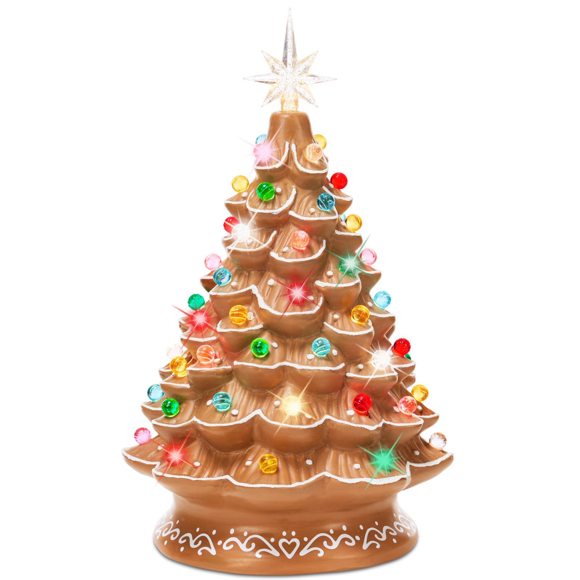 Best Choice Products - Ceramic Christmas Tree, Pre-lit Hand-Painted Tabletop Holiday Tree - Gingerbread w/ Multi Lights - Gingerbread + Multi
